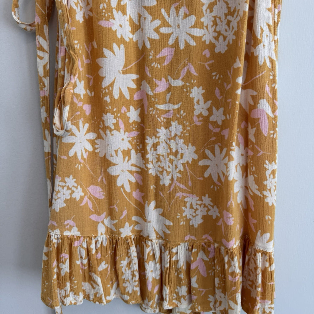 BILLABONG Wrap & Roll Mini Dress Sz S Yellow Floral VNeck Flutter Sleeve Women’s