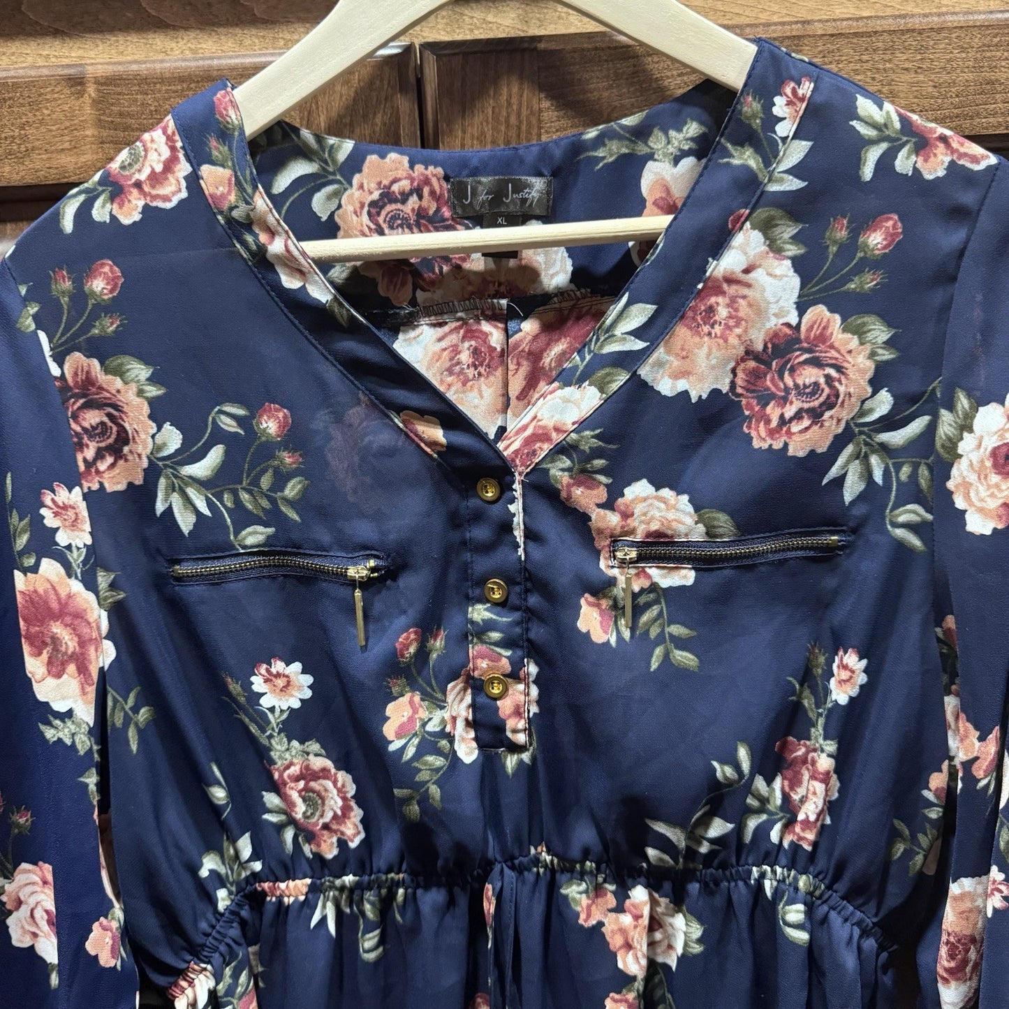 J for Justify Navy Floral V-Neck Blouse Tunic Top XL Gold Zippers Polyester