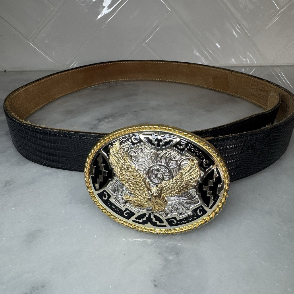 Vintage Eagle Western Belt Buckle Black Leather Belt Size 42 USA