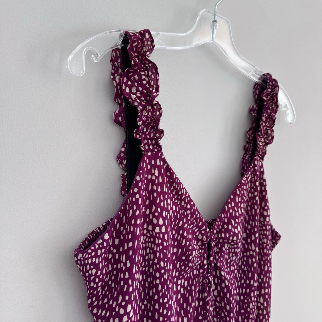 Sienna Sky Dress L Magenta White Print Ruffle Strap Midi Lined NWT