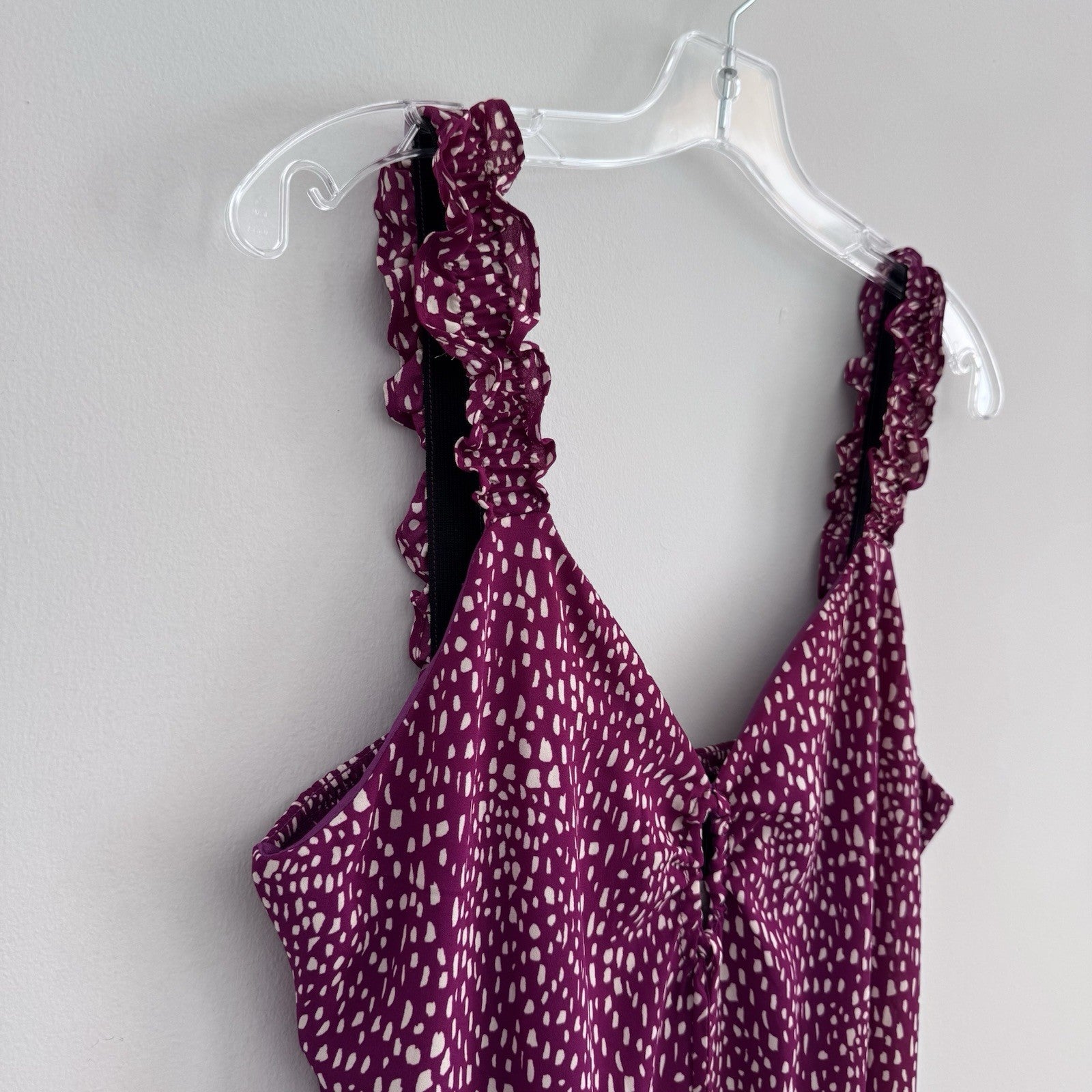 Sienna Sky Dress L Magenta White Print Ruffle Strap Midi Lined NWT