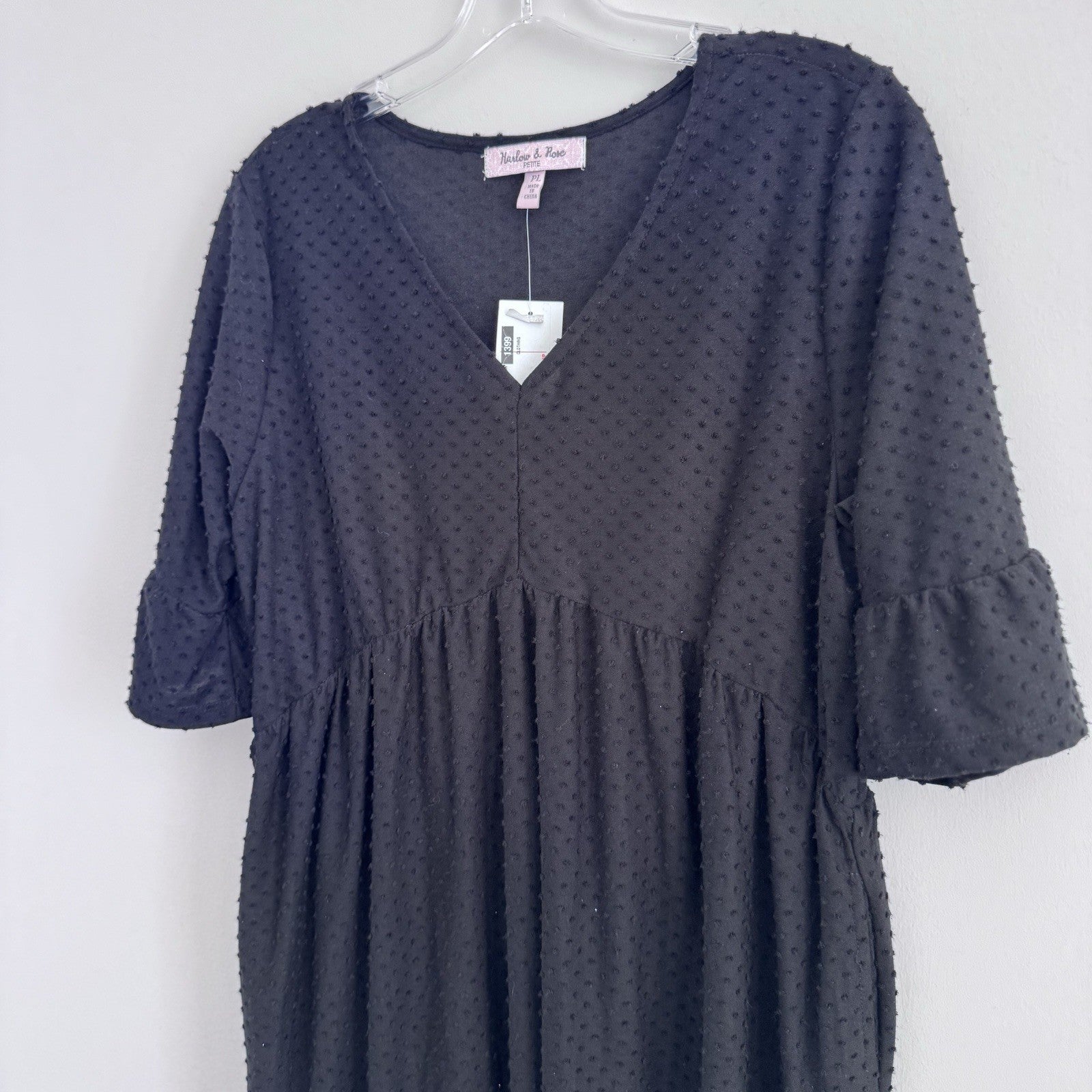 Harlow & Rose Petite Black Swiss Dot Dress PL NWT V Neck Midi