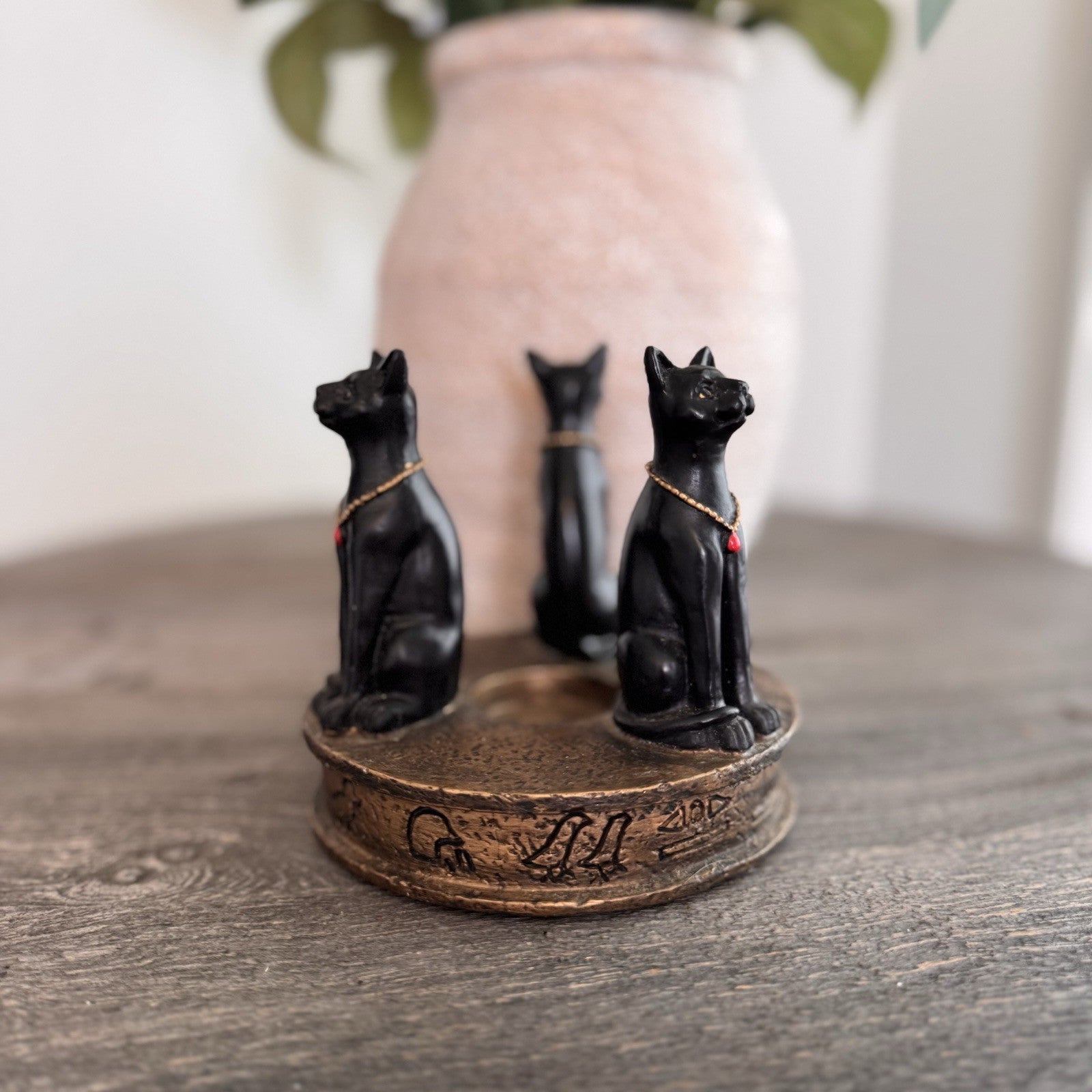 Egyptian Bastet Cat Candle Holder Trio Black Gold Resin Hieroglyphics Base