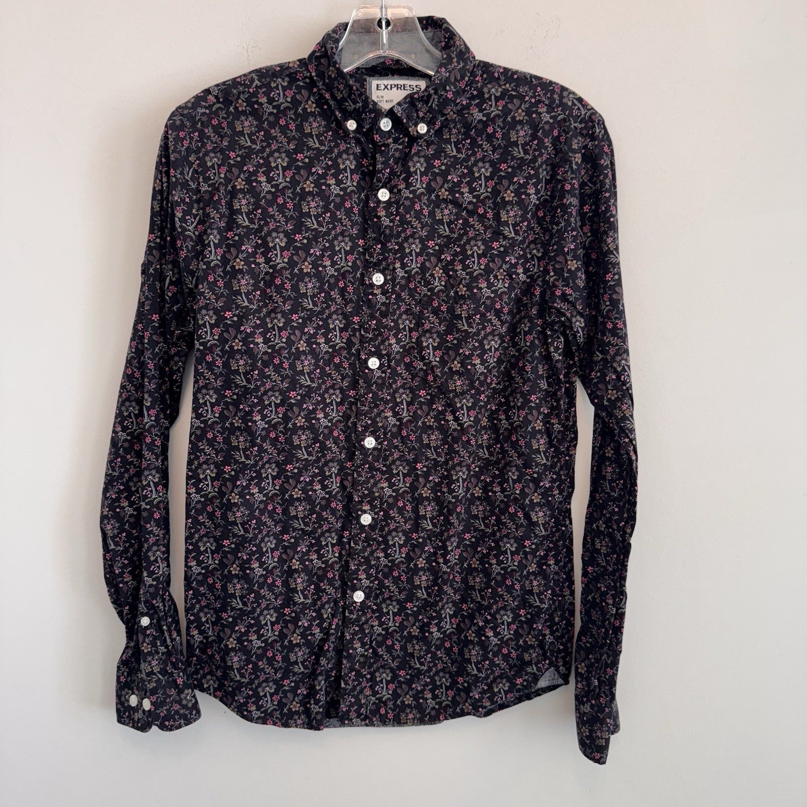 Express Mens M Extra Slim Fit Floral Button Up Shirt Stretch Cotton Black