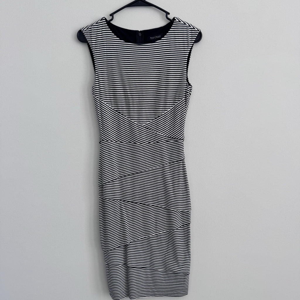 White House Black Market Striped Sheath Dress 14 Black White Ruffle