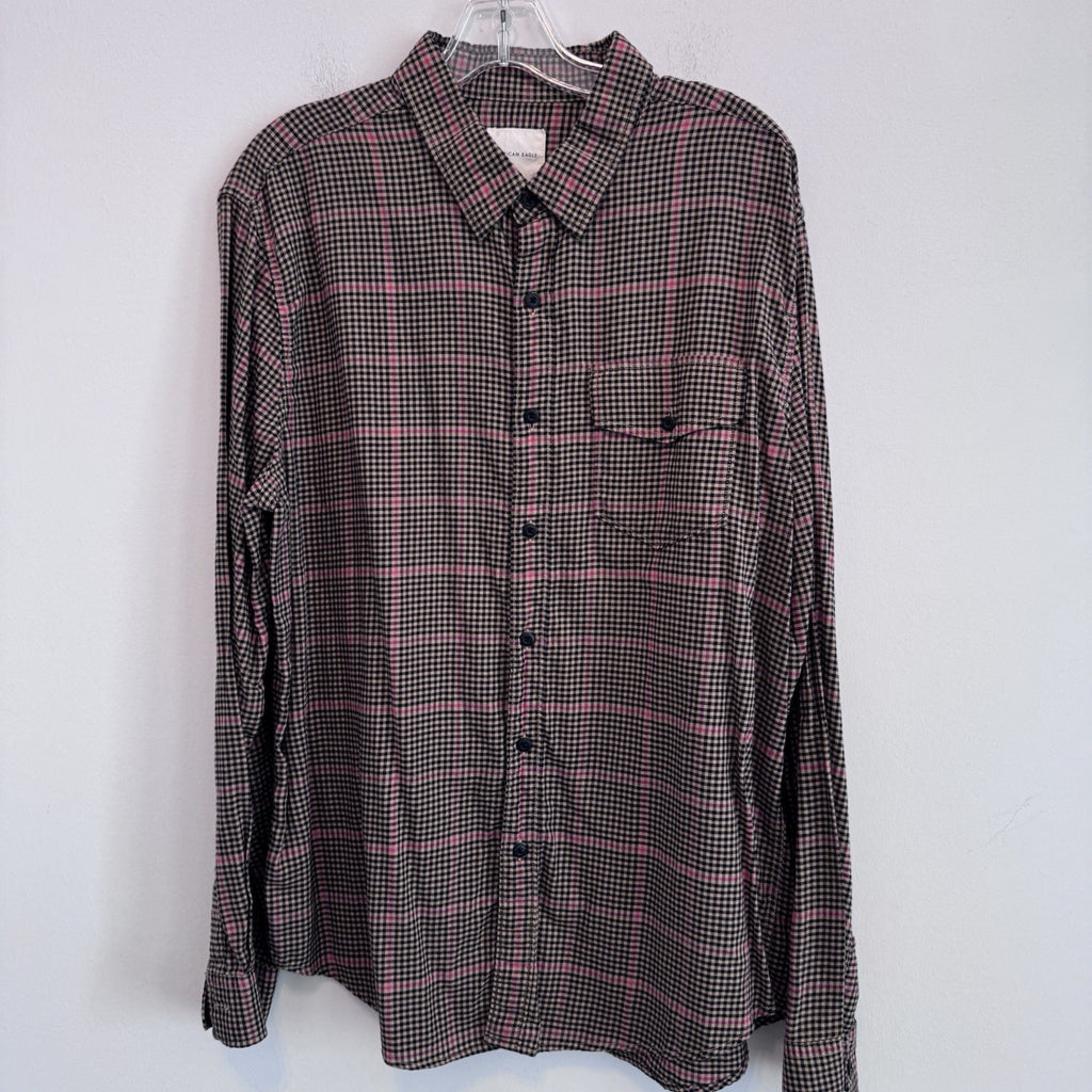 American Eagle XL Plaid Button Up Shirt Pink Tan Black Flannel Y2K
