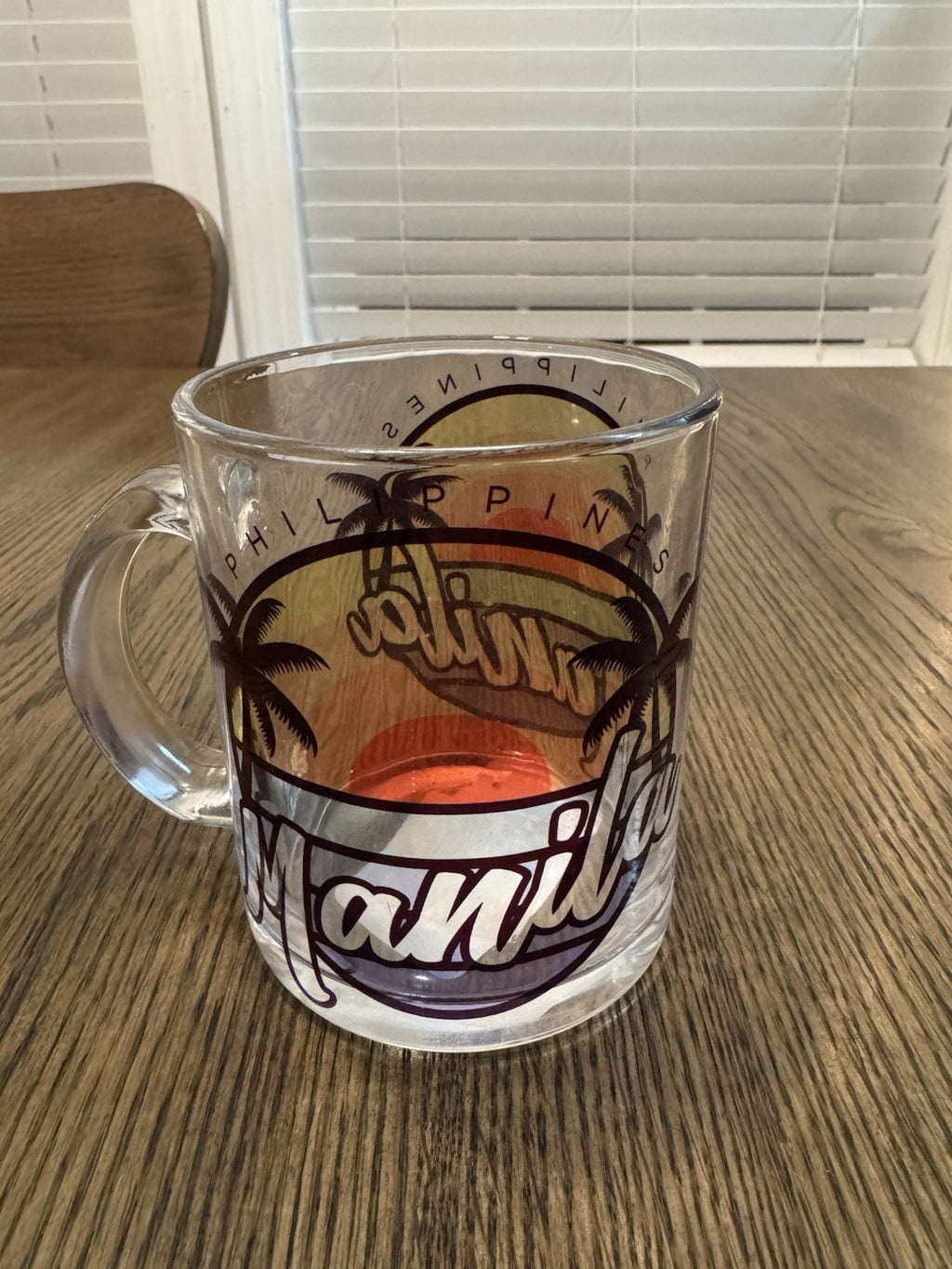 Manila Souvenir Mug Clear Glass Handle Cup Sun And Palm Trees Very Nice Vintage