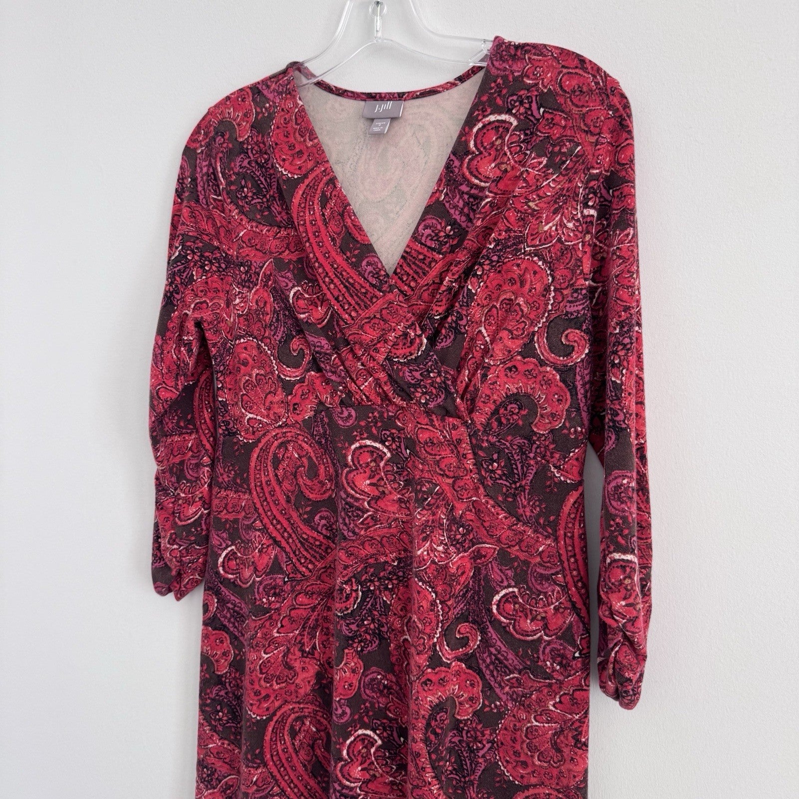J Jill Sz Small Red Paisley Faux Wrap Vneck 3/4 Sleeve Pima Cotton Dress Stretch