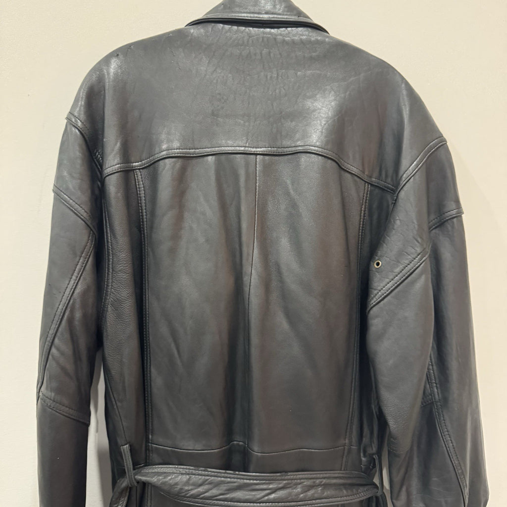 Wilsons Leather Black Trench Coat Mens Medium Belted Vintage Long Jacket