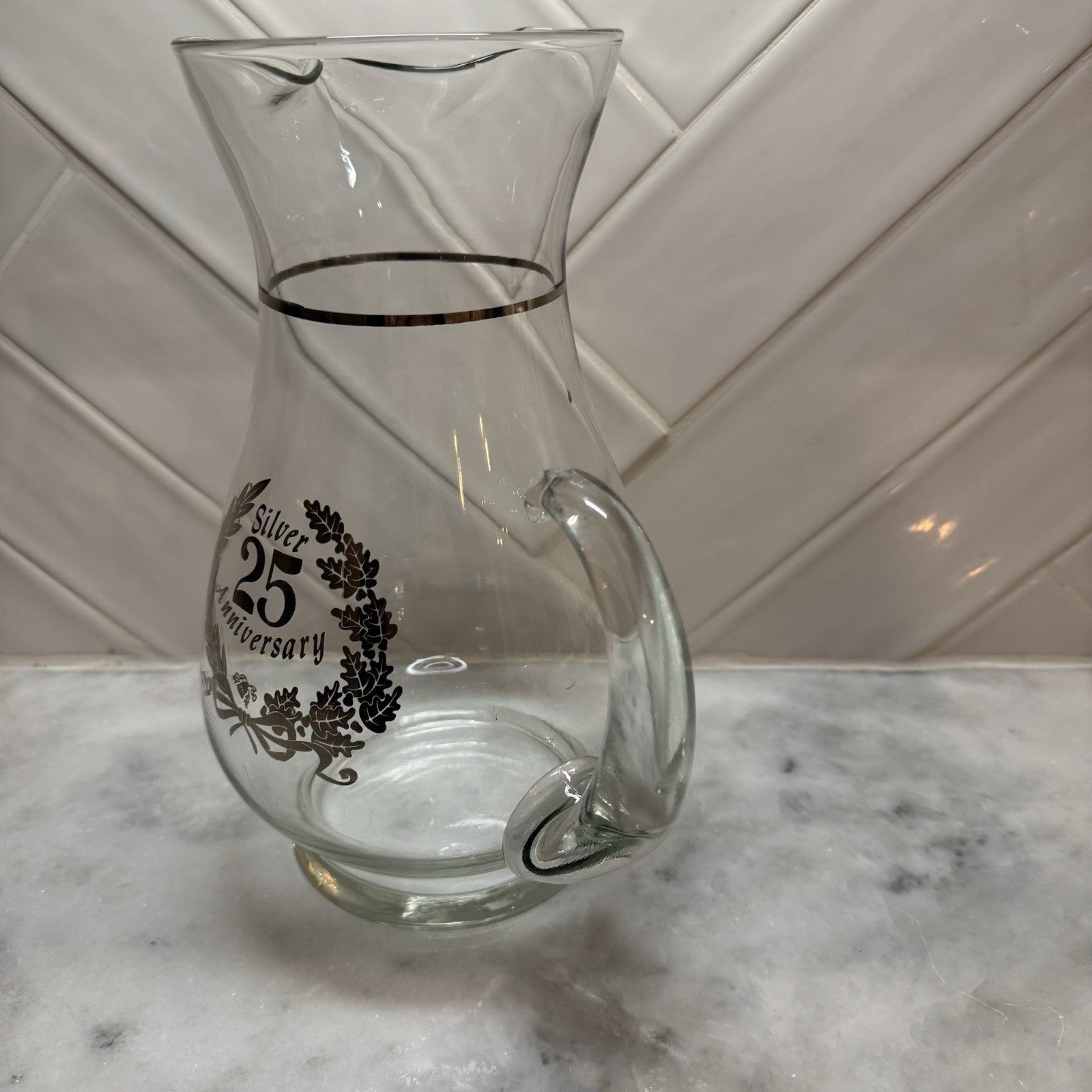 Vintage Silver 25th Anniversary Glass Pitcher Carafe Gold Trim Weston
