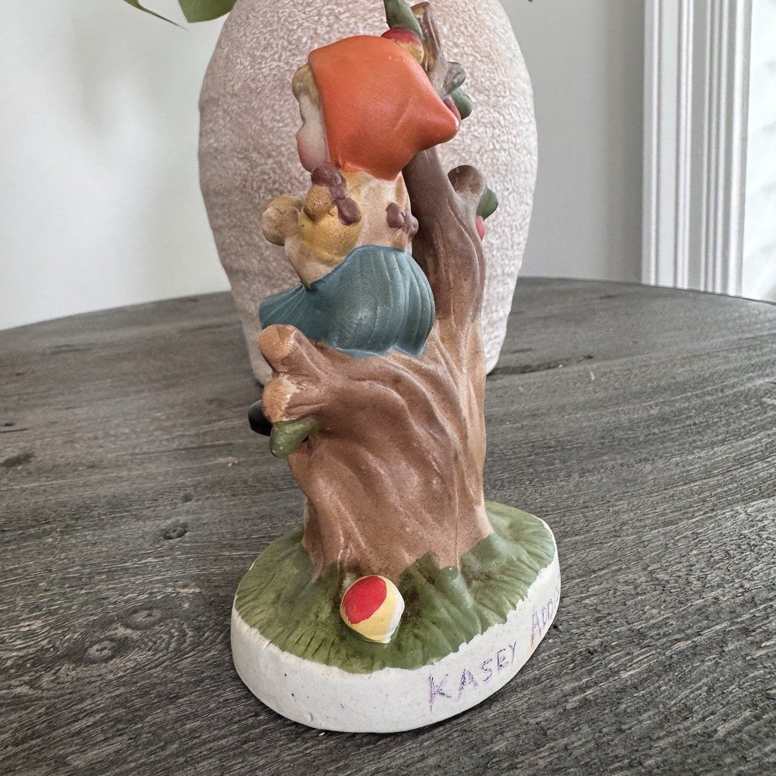 Vintage Ceramic Girl in Apple Tree Figurine with White Rabbit Hand Painted '95