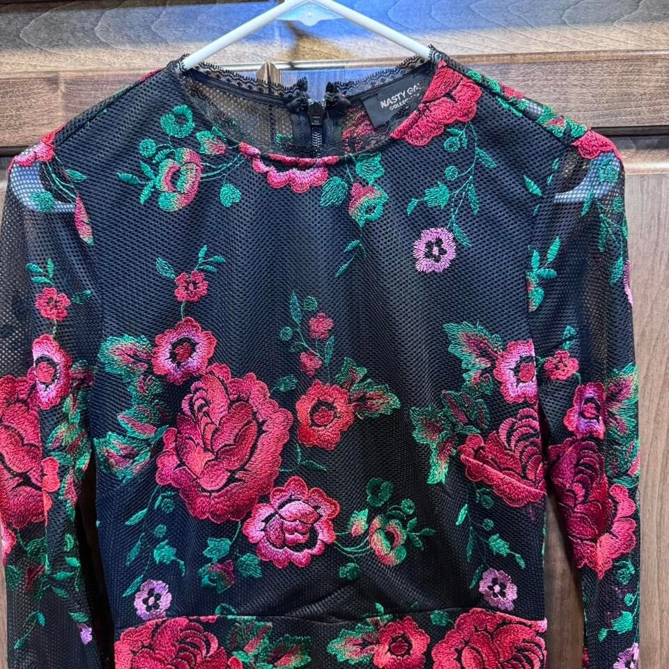 Nasty Gal Collection Floral Mesh Mini Dress Long Sleeve Black Red Green Size S