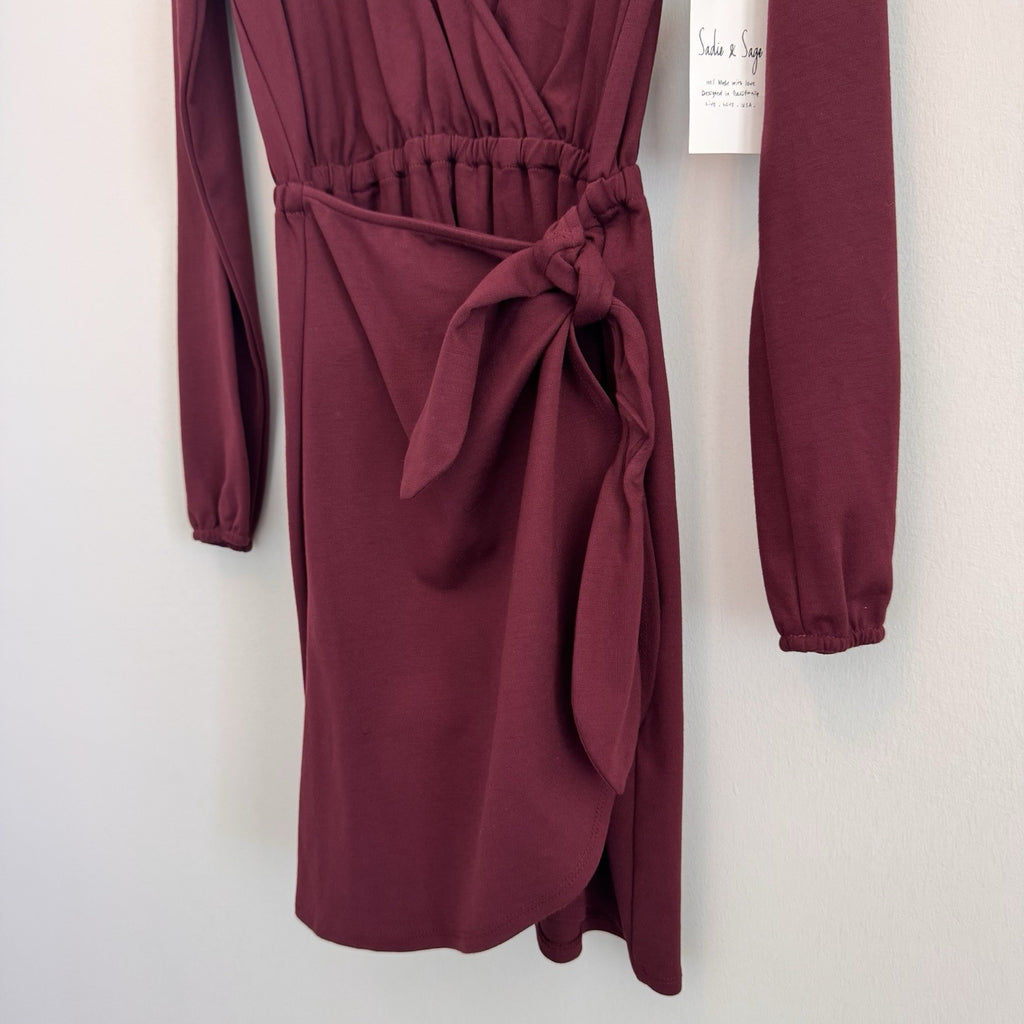 NWT Sadie & Sage Women Small Burgundy Faux Wrap Dress Long Sleeve Boho Boutique