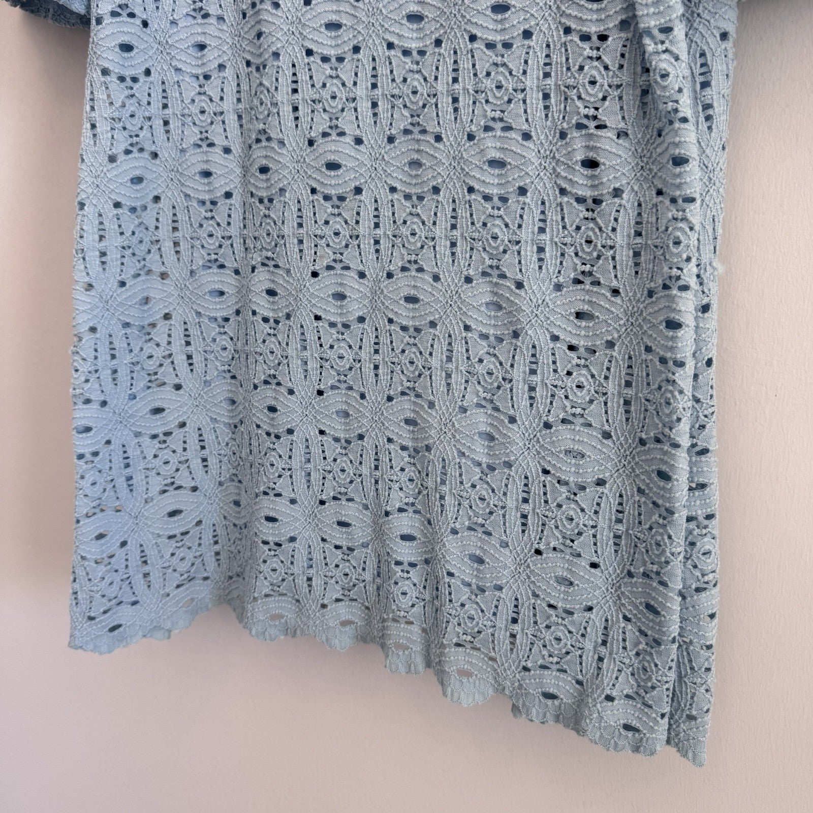 RN Studio Blue Lace Shift Dress Women’s Size 14 Bell Sleeve Lined Zip Back