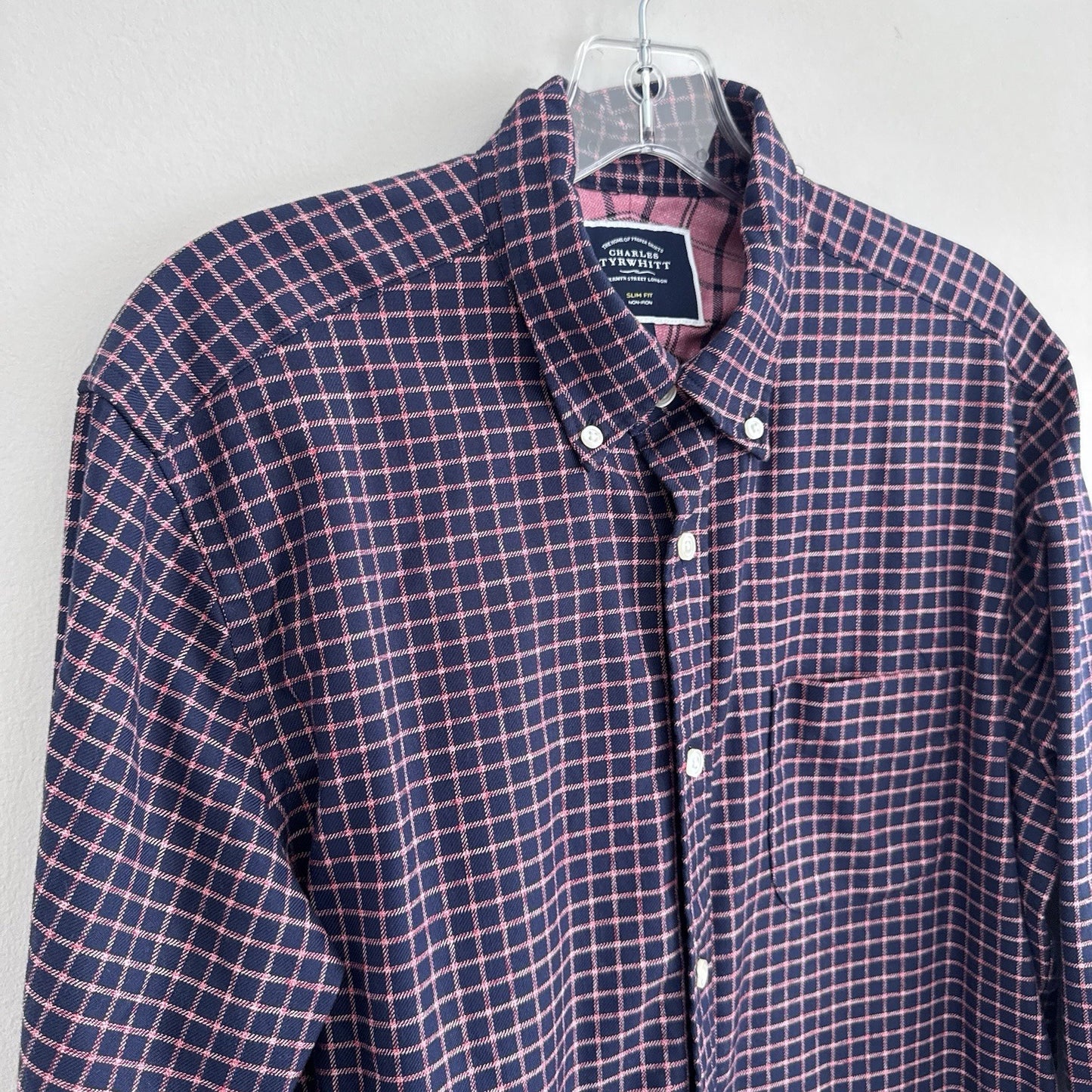 Charles Tyrwhitt Slim Fit Non-Iron Shirt Mens M Blue Pink Check Cotton 