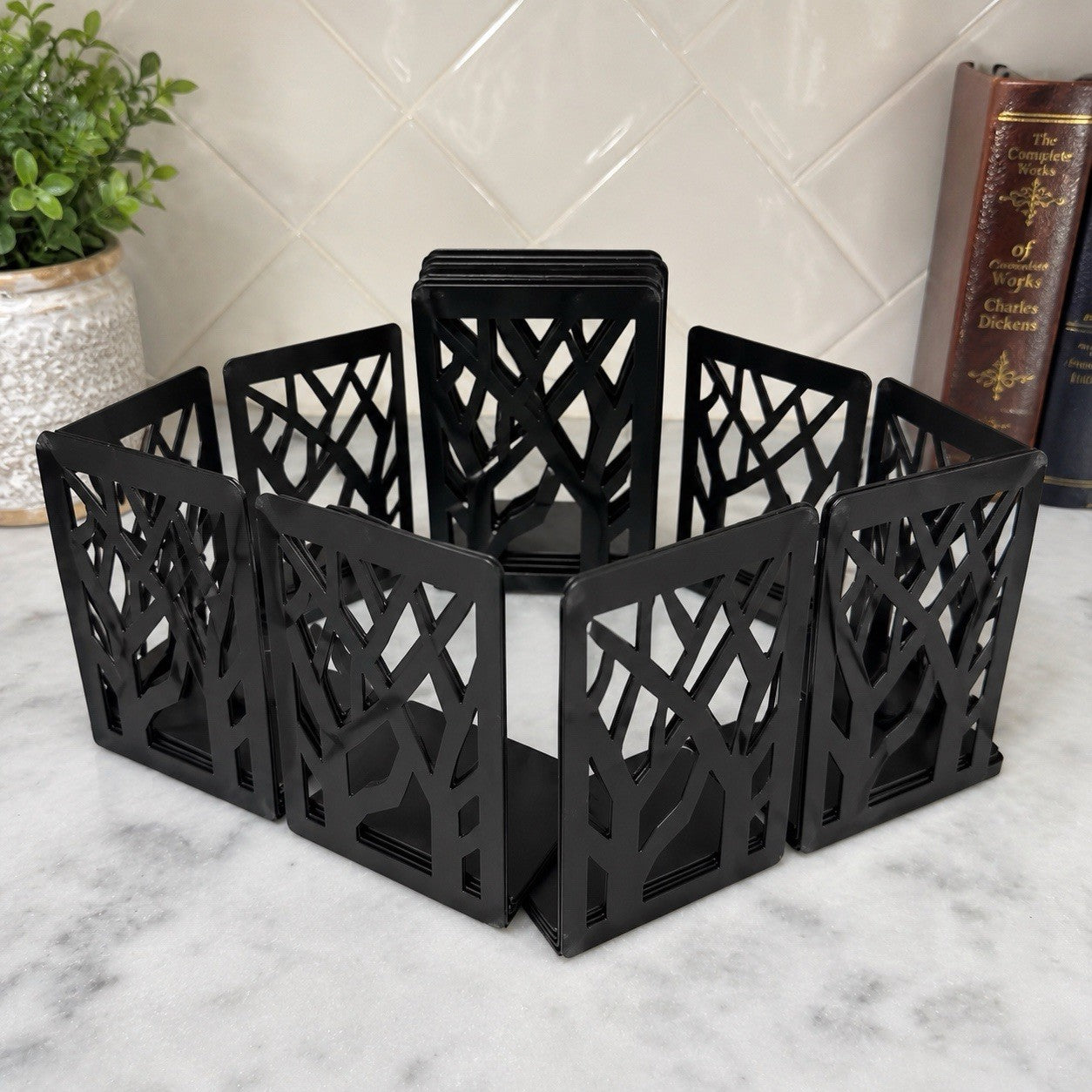 Set of 10 Black Metal Tree Design Bookends Modern Decorative Shelf Organizers
