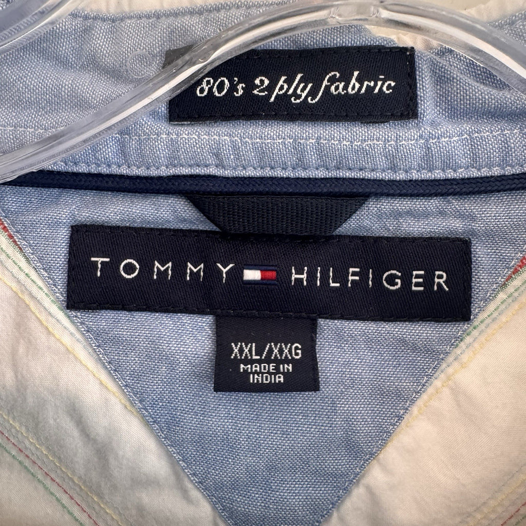 Y2K Tommy Hilfiger Men XXL Button Down Shirt Striped Short Sleeve 80s 2 Ply