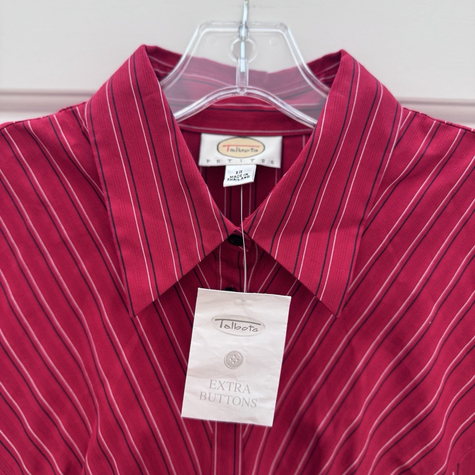 Talbots Petites Blouse 12P Pink White Stripe Button Front Long Sleeve NWT