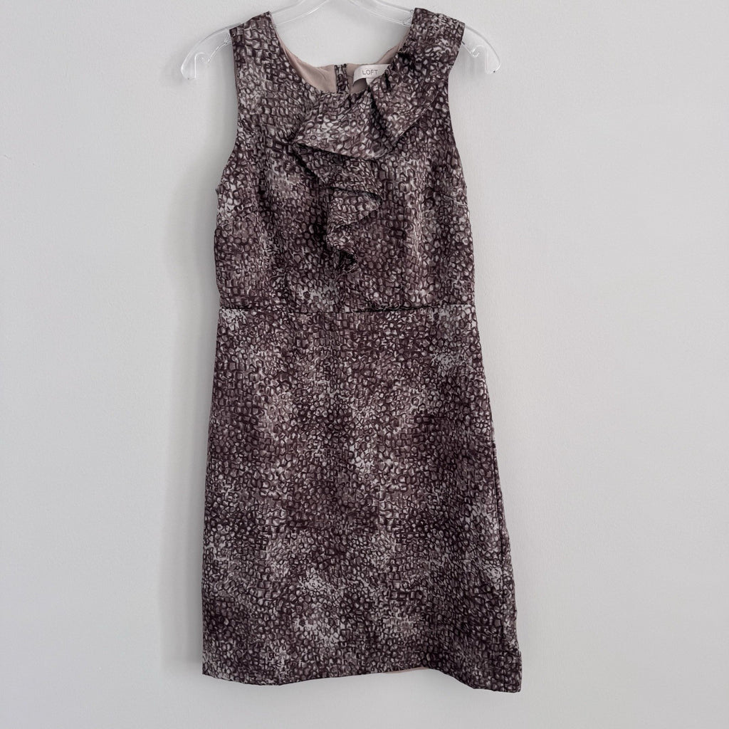 LOFT Size 4 Ruffle Front Sleeveless Sheath Dress Mauve Print