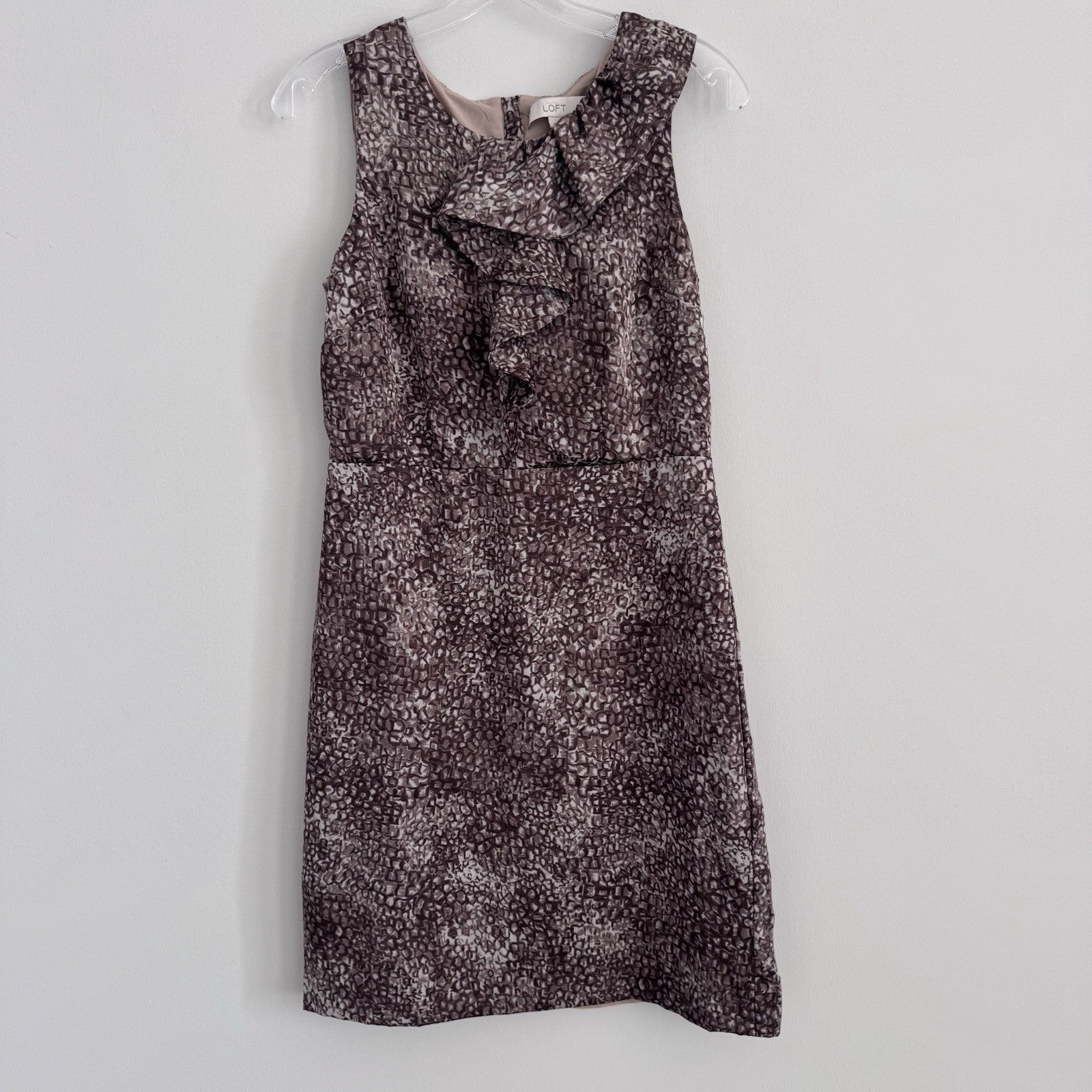 LOFT Size 4 Ruffle Front Sleeveless Sheath Dress Mauve Print