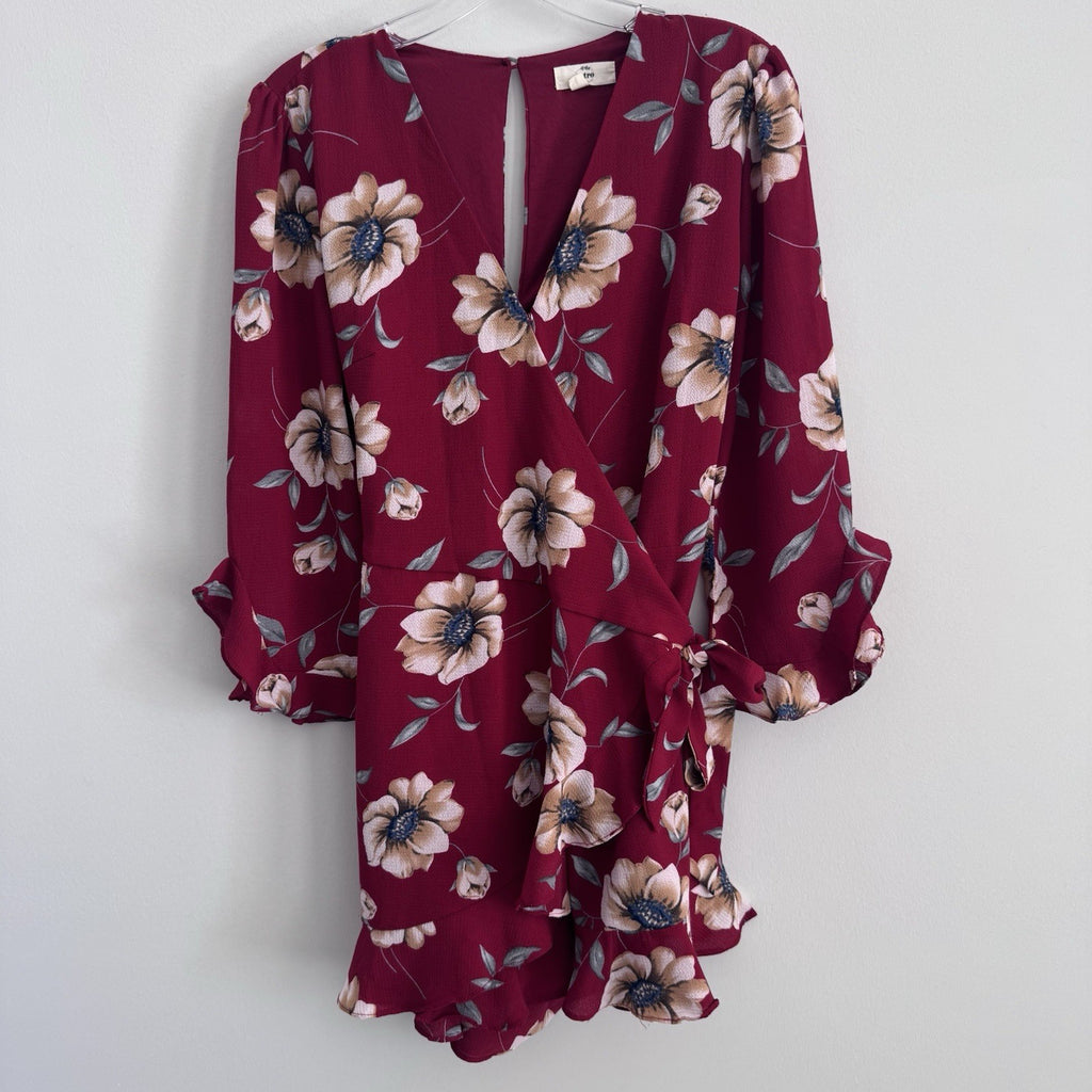 Entro Burgundy Floral Faux Wrap Dress Medium Long Sleeve Ruffle Hem