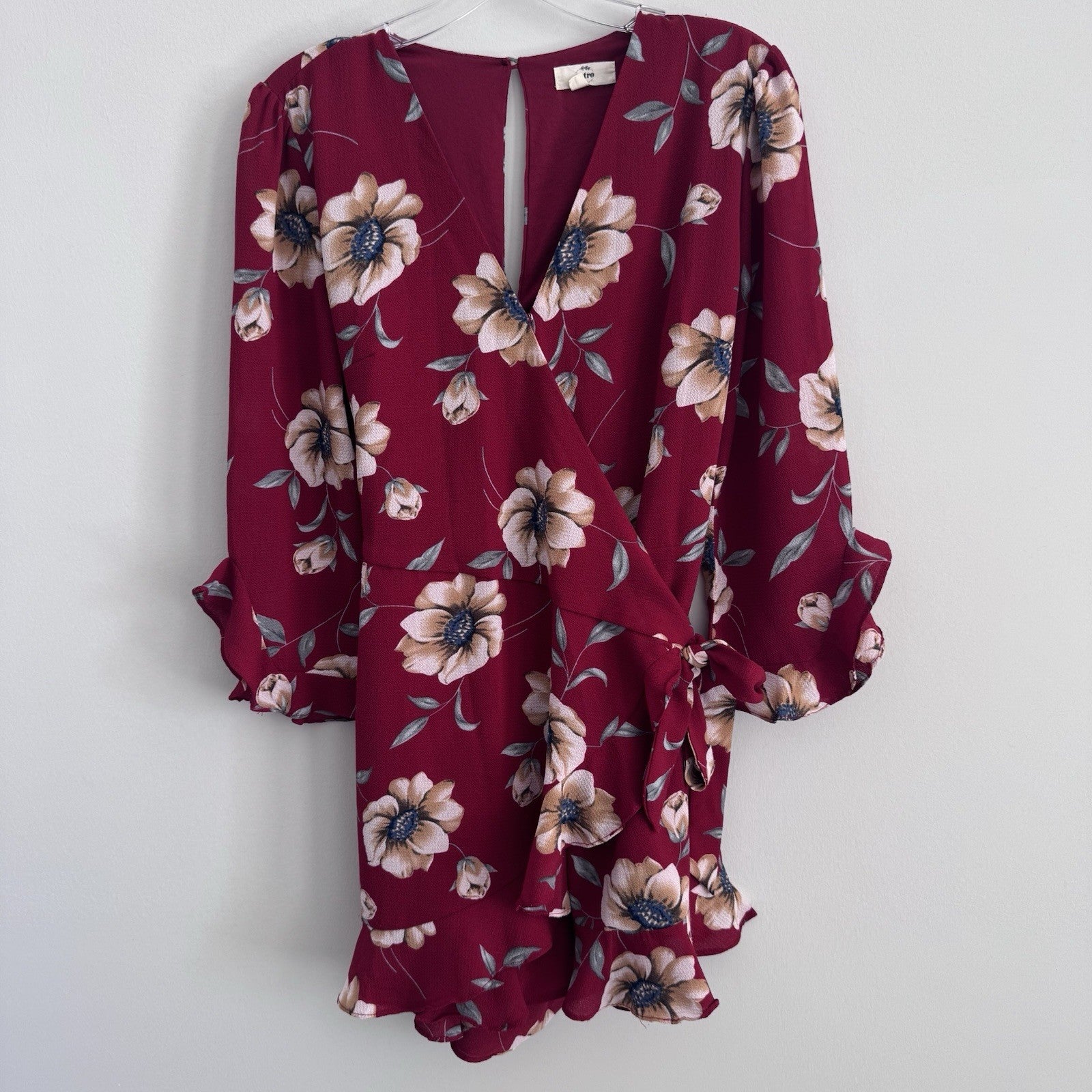 Entro Burgundy Floral Faux Wrap Dress Medium Long Sleeve Ruffle Hem