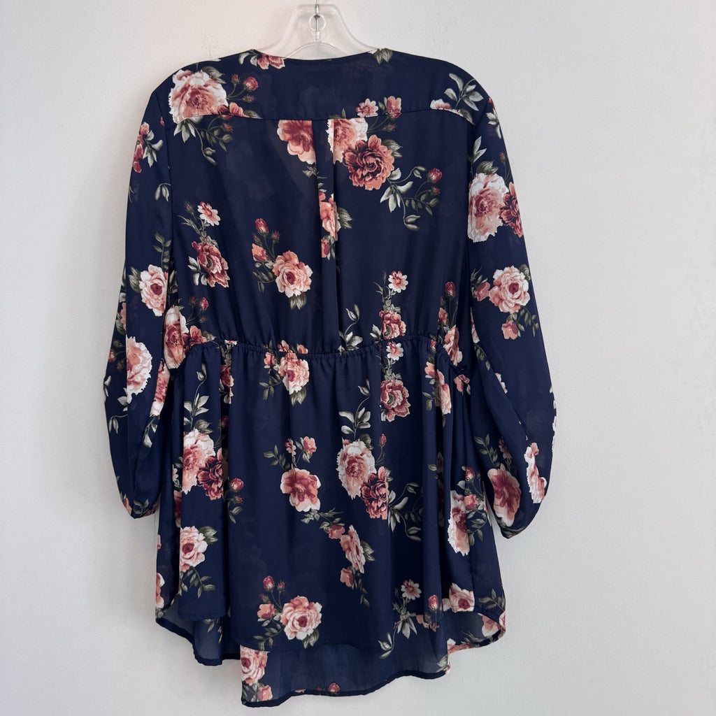 J for Justify Navy Floral Peplum Tunic Blouse Roll Tab Sleeve XL