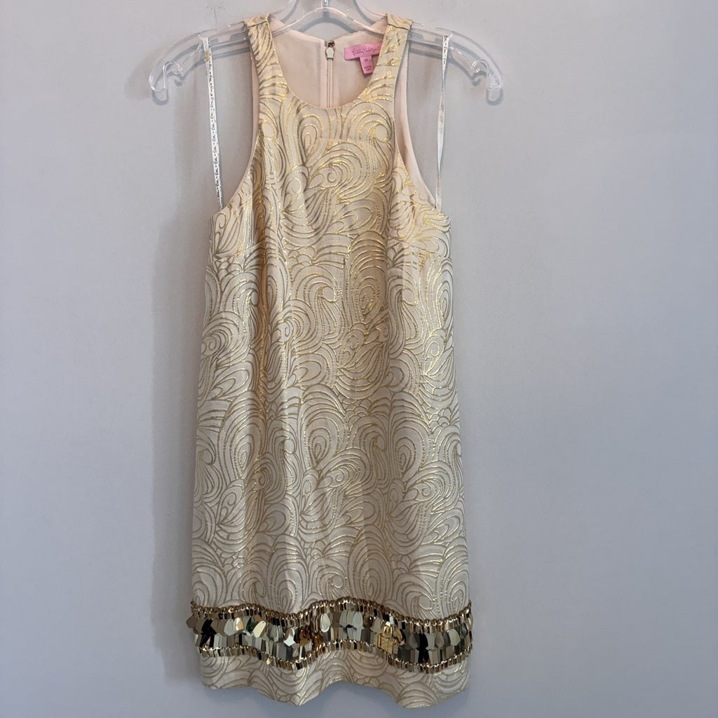 Lilly Pulitzer XS Silk Gold Metallic Fil Coupe Shift Dress Sequin Fringe Hem