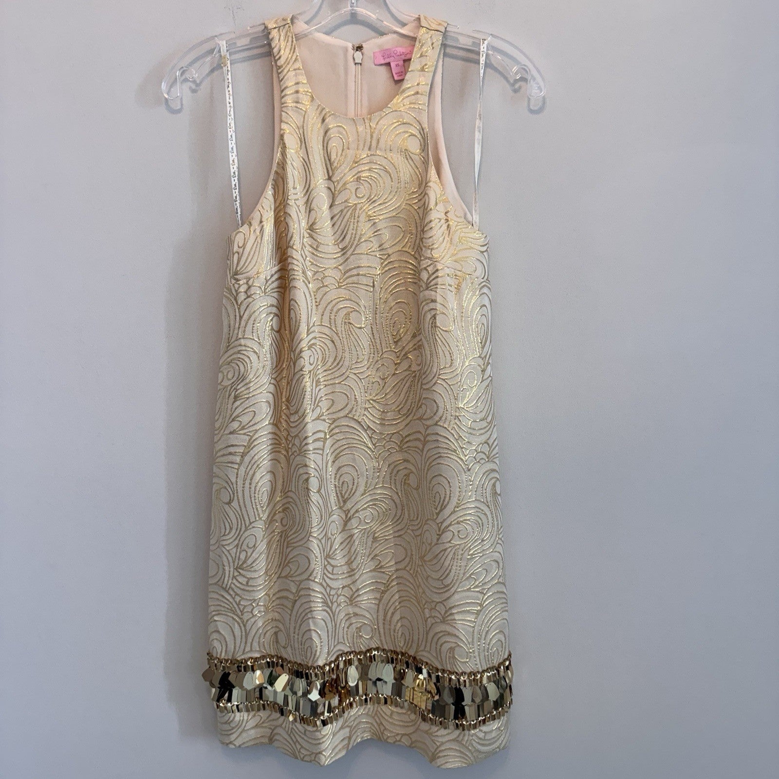 Lilly Pulitzer XS Silk Gold Metallic Fil Coupe Shift Dress Sequin Fringe Hem