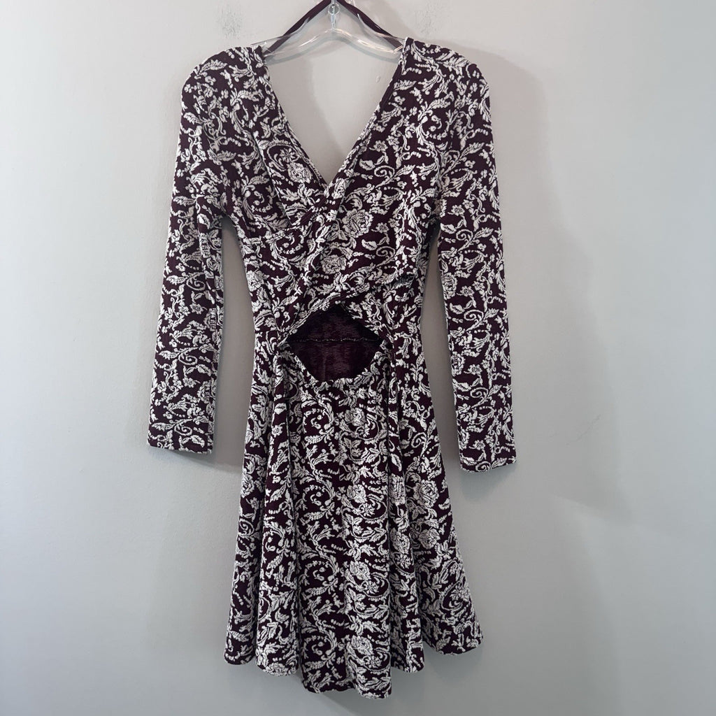Altar’d State Burgundy Floral Cutout Back Dress Long Sleeve Small