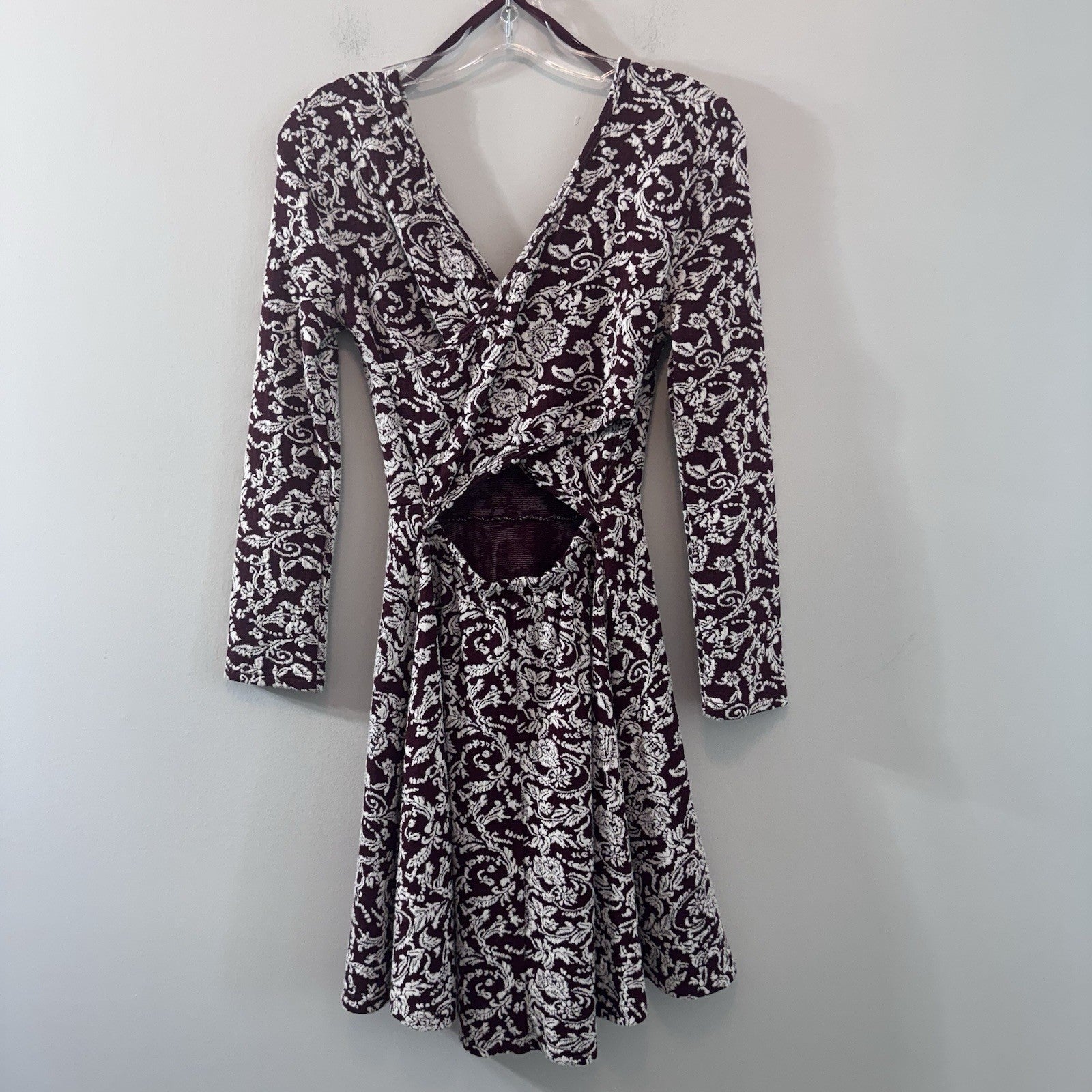 Altar’d State Burgundy Floral Cutout Back Dress Long Sleeve Small