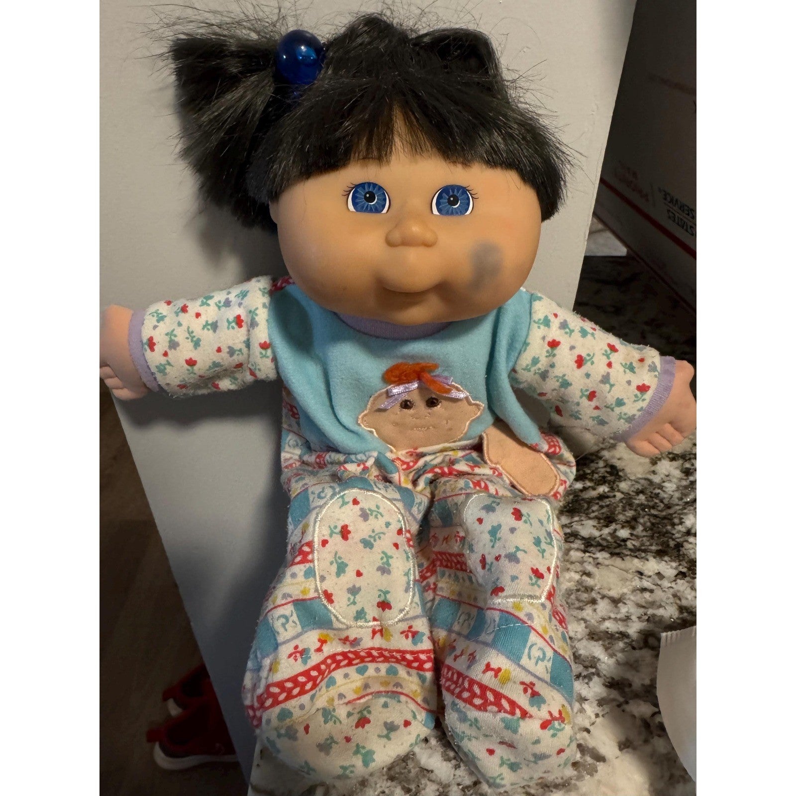 Vintage Cabbage Patch doll 90s with Sound box blue eyes black hair Custom outfit