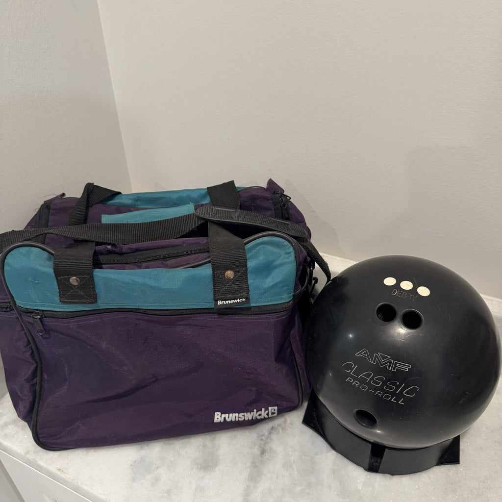 Vintage Brunswick Bowling Ball Bag with Stand And AMF Pro Ball.