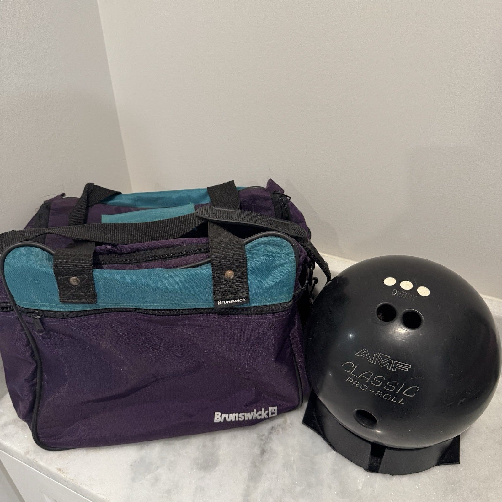 Vintage Brunswick Bowling Ball Bag with Stand And AMF Pro Ball.