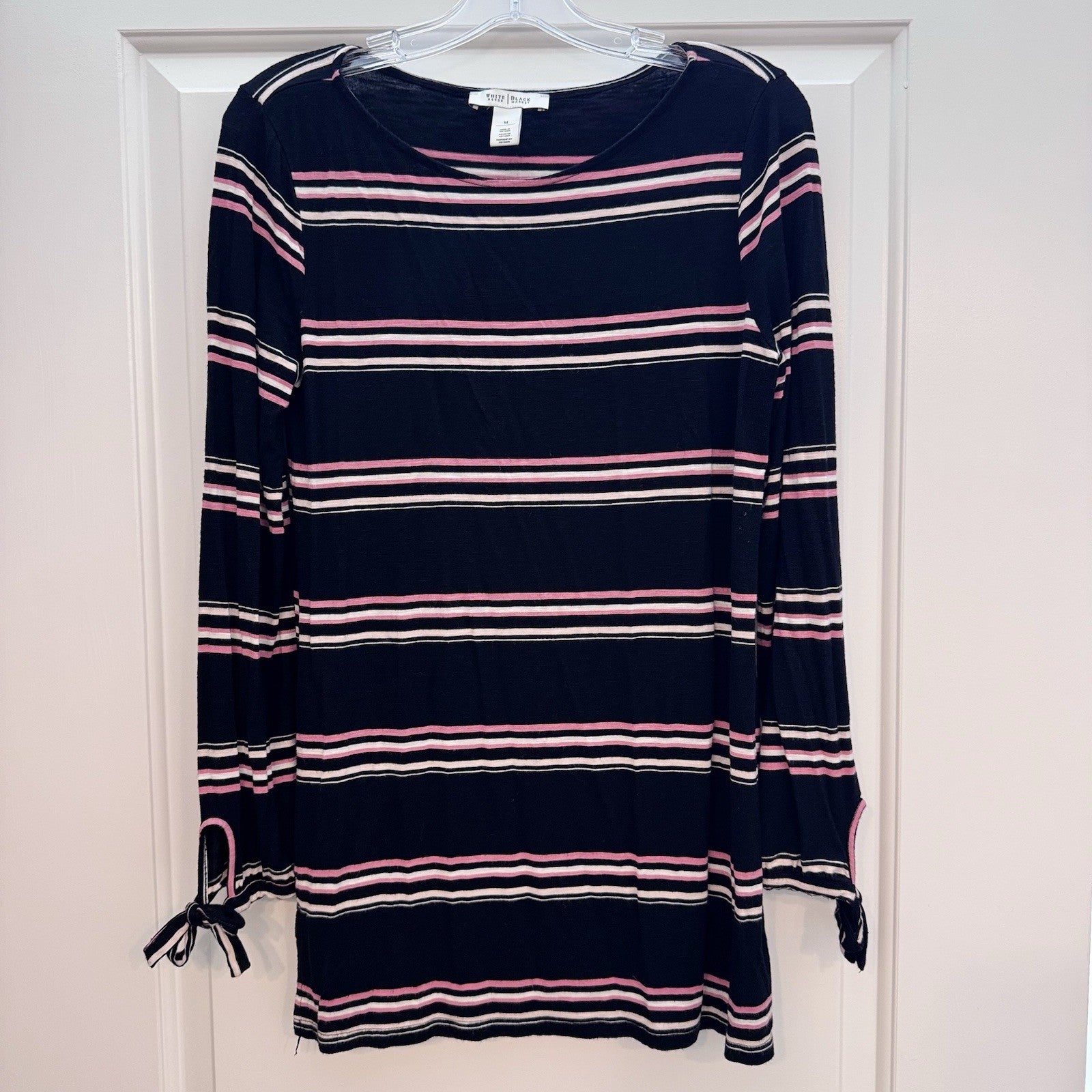 White House Black Market Top Medium Black Pink Stripe Long Sleeve Tie Cuff