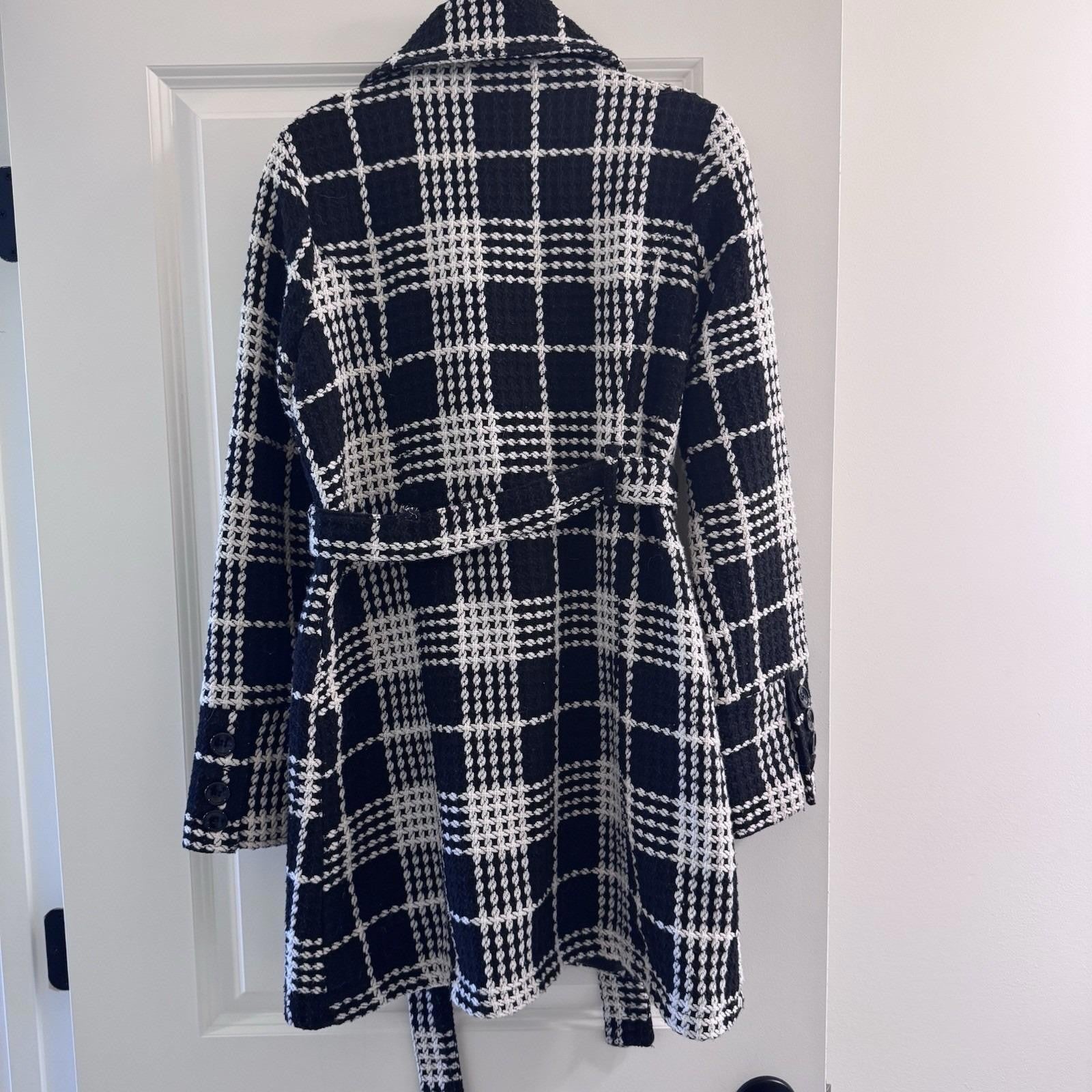 Y2K Body Central Plaid Wool Blend Coat Jacket L Black White Belted Vintage Loop