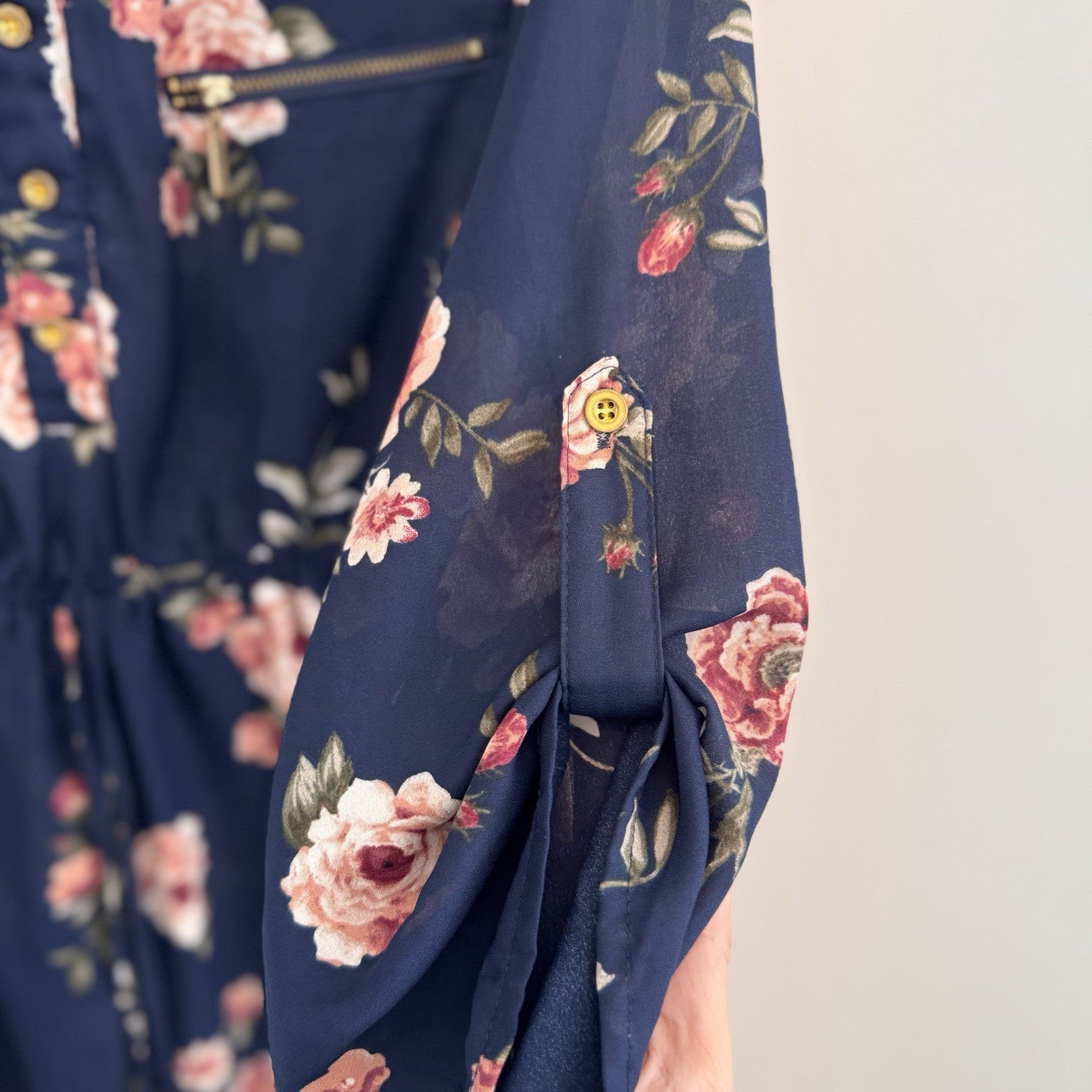 J for Justify Navy Floral Peplum Tunic Blouse Roll Tab Sleeve XL