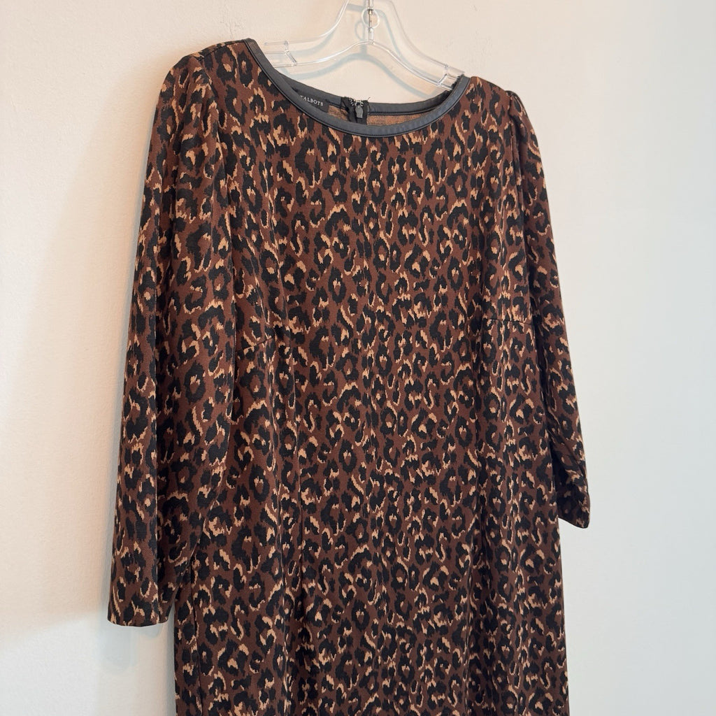 Talbots Leopard Print A-Line Dress Size 14 Faux Leather Trim 3/4 Sleeve