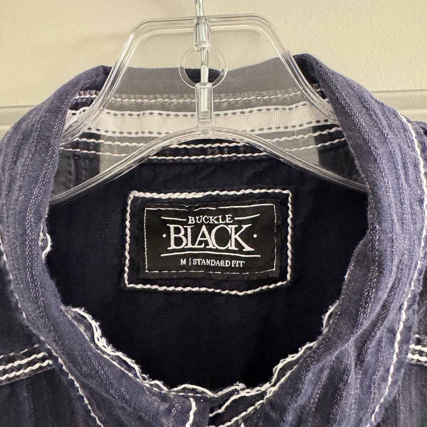 Buckle Black Shirt Men’s M Western Snap Front Denim Look Stitch Detail Cotton
