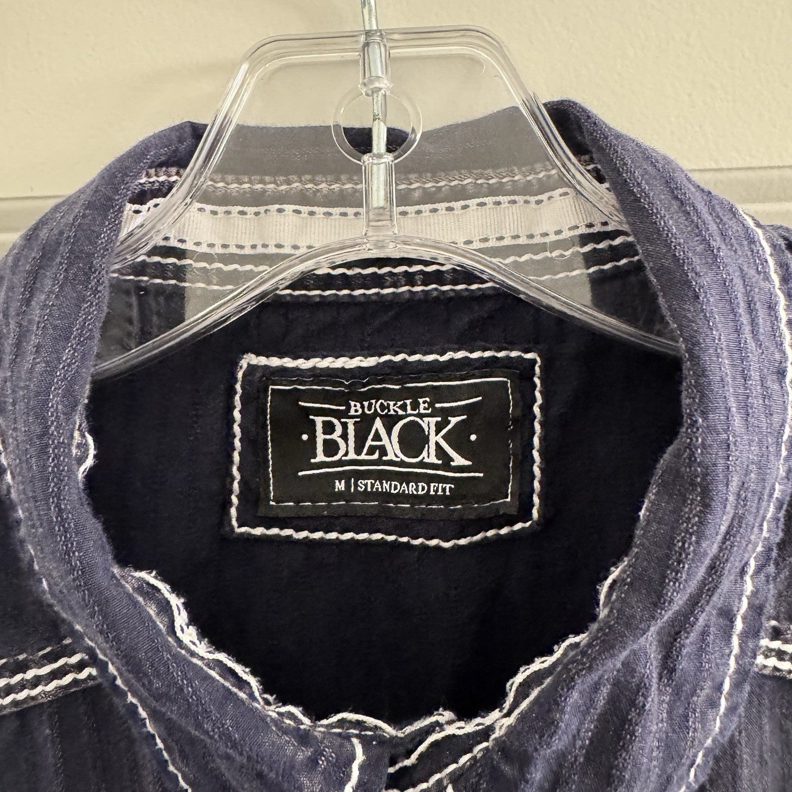 Buckle Black Shirt Men’s M Western Snap Front Denim Look Stitch Detail Cotton