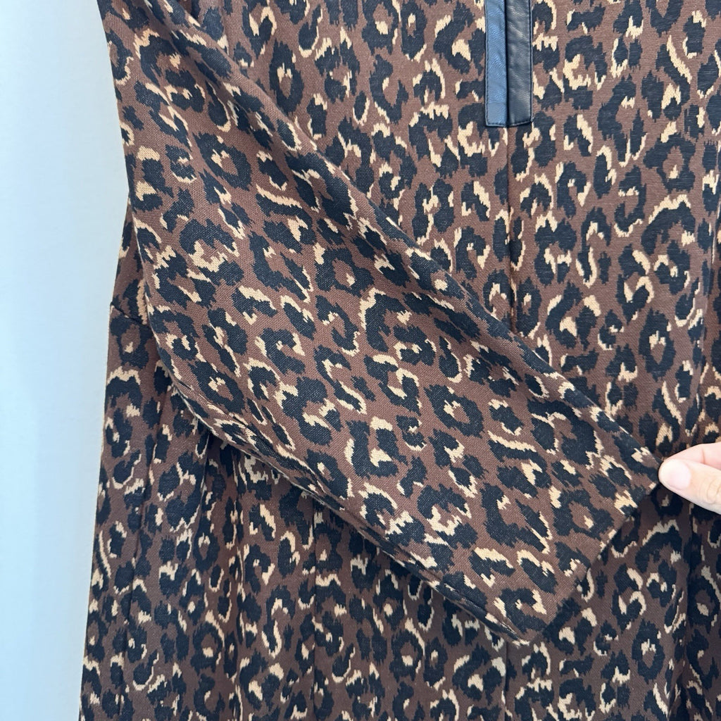 Talbots Leopard Print A-Line Dress Size 14 Faux Leather Trim 3/4 Sleeve