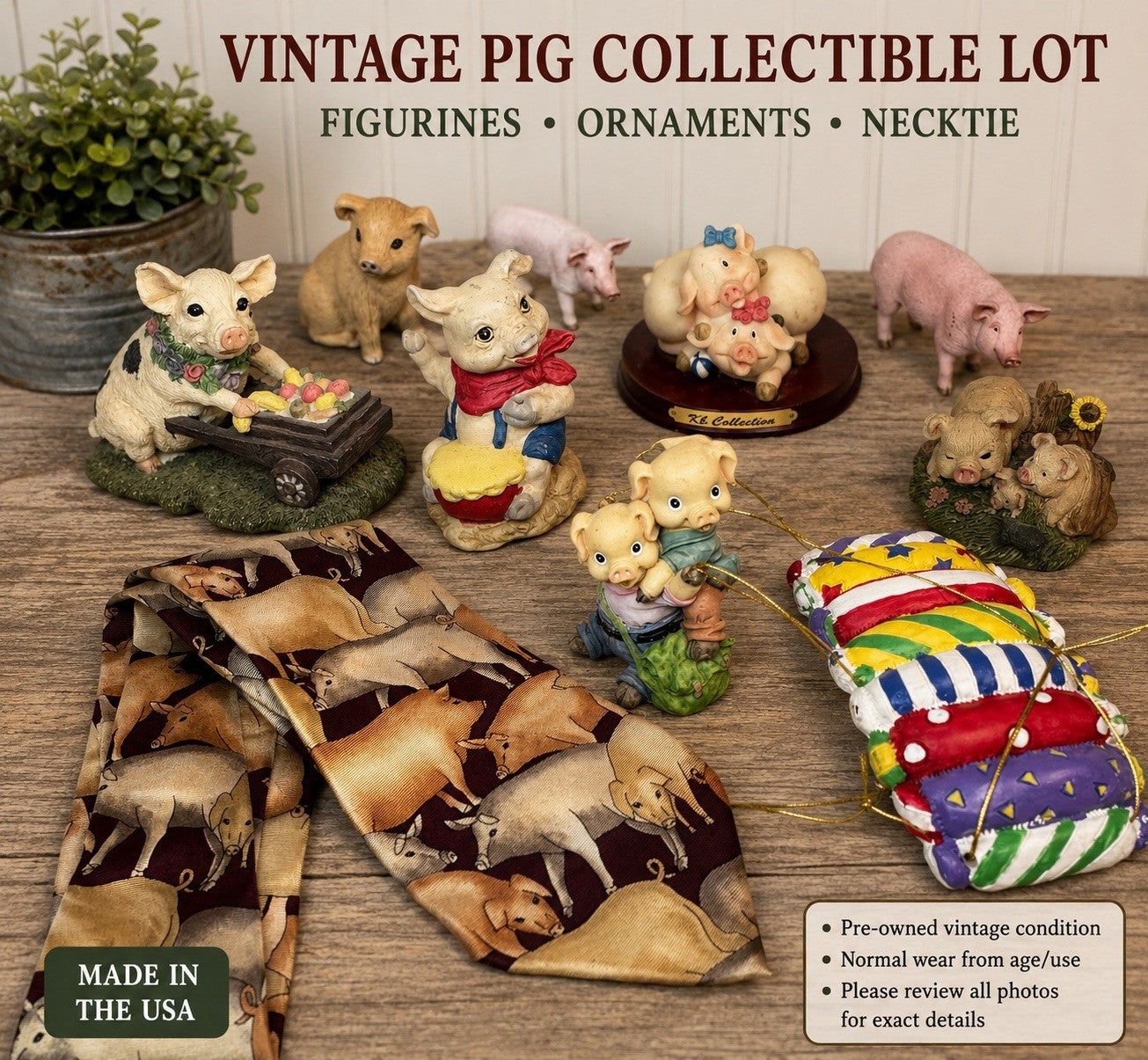 Vintage Pig Figurine Lot Tie Ornaments Farmhouse Decor Collectibles