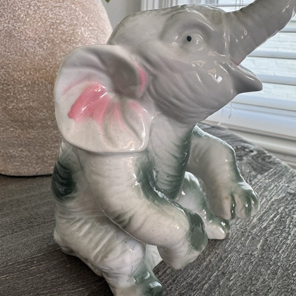 Vintage Porcelain Elephant Figurine Lot 2 White Gold Trim Trunk Up Good Luck