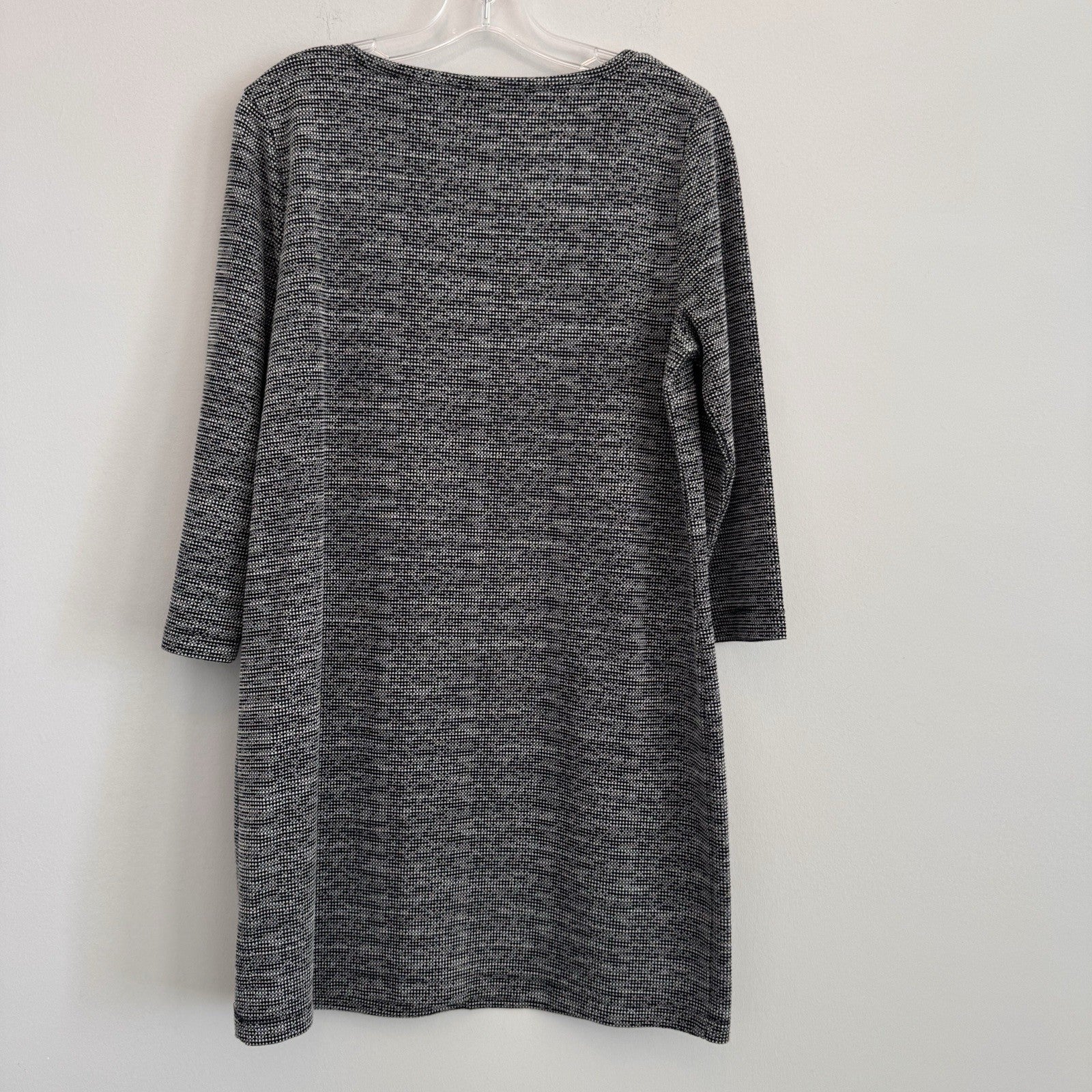 Tahari Black White Textured Knit Shift Dress Large L 3/4 Sleeve Pockets Career