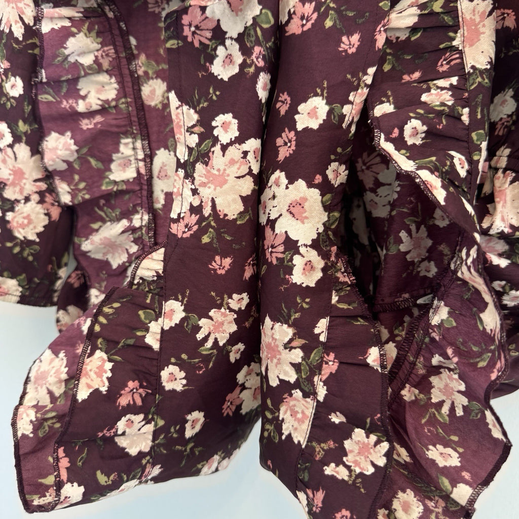 American Rag Cie Romper XL Burgundy Rose Floral Ruffle Hem Tie Front Pockets