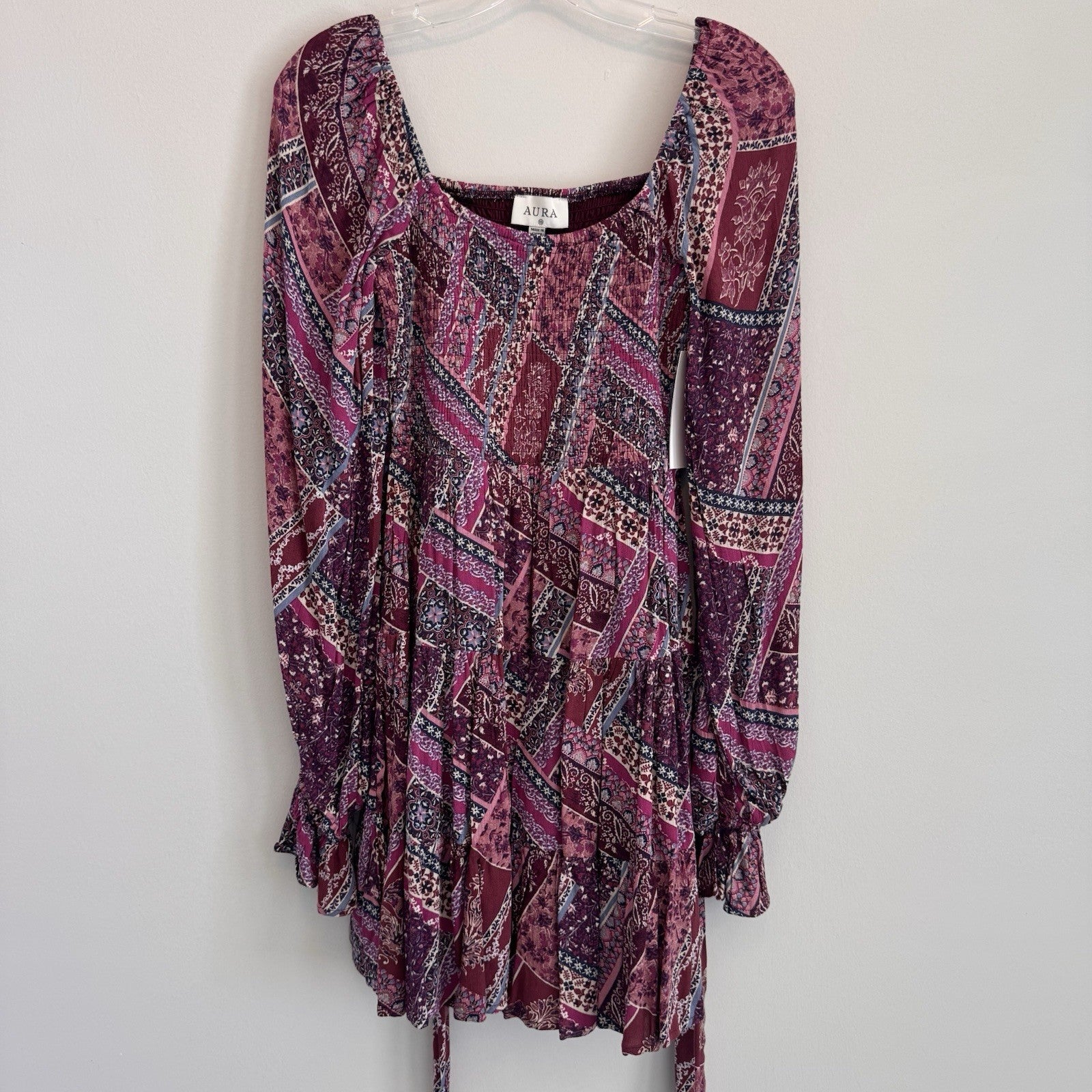 NWT Aura Shop Red Dress XS Purple Boho Patchwork Smocked Long Sleeve Mini Dress