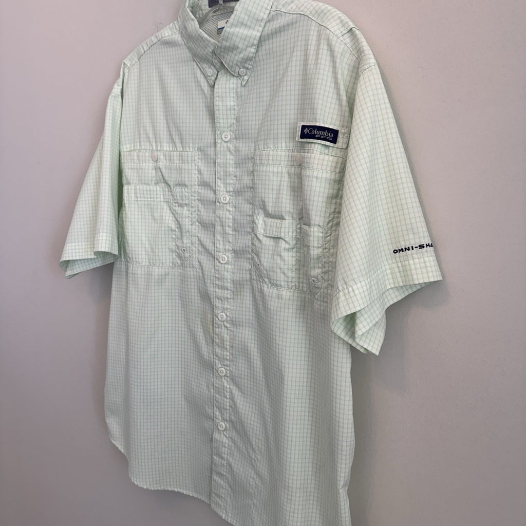Columbia PFG Super Tamiami Shirt Mens Small S Mint Green Plaid Fishing S/S