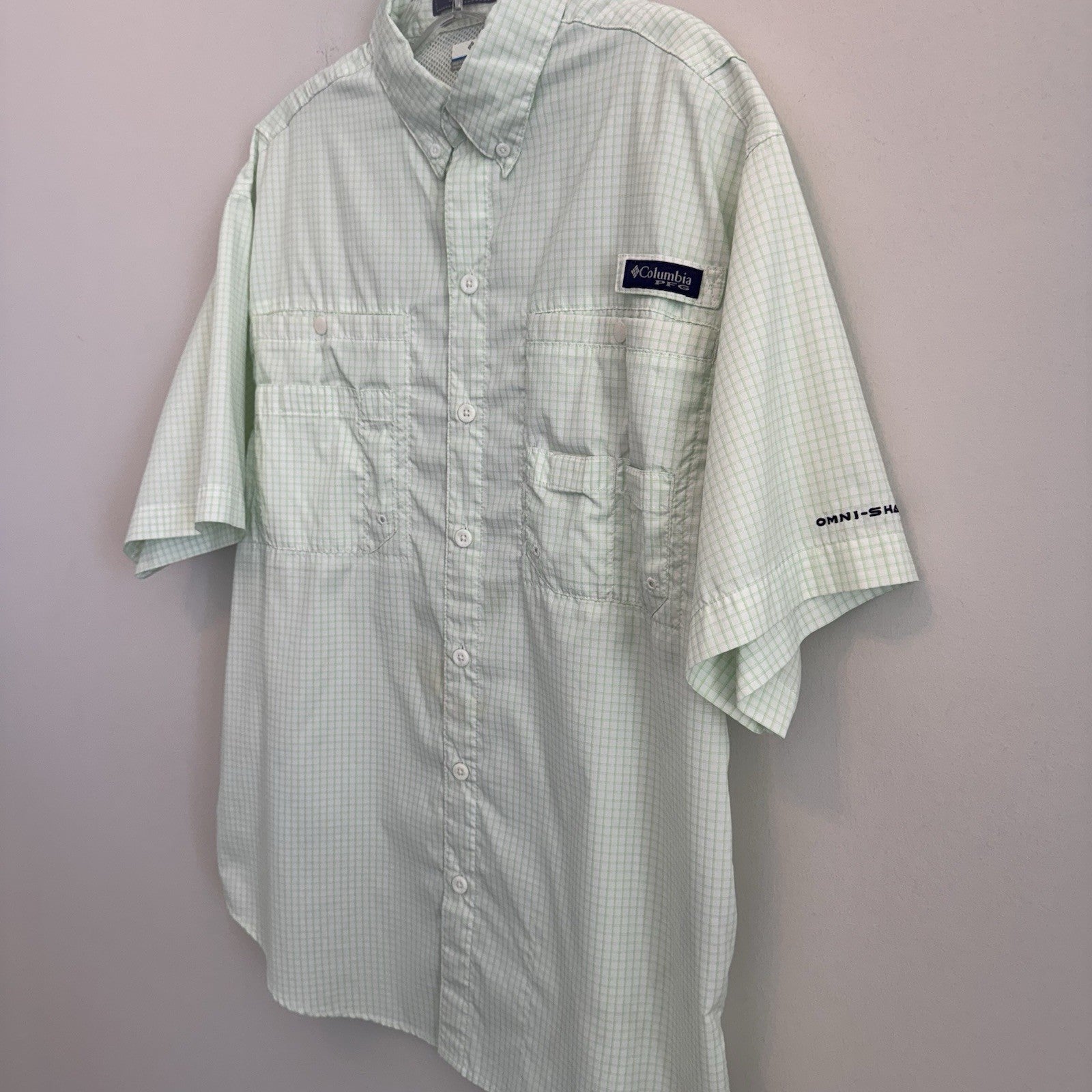 Columbia PFG Super Tamiami Shirt Mens Small S Mint Green Plaid Fishing S/S