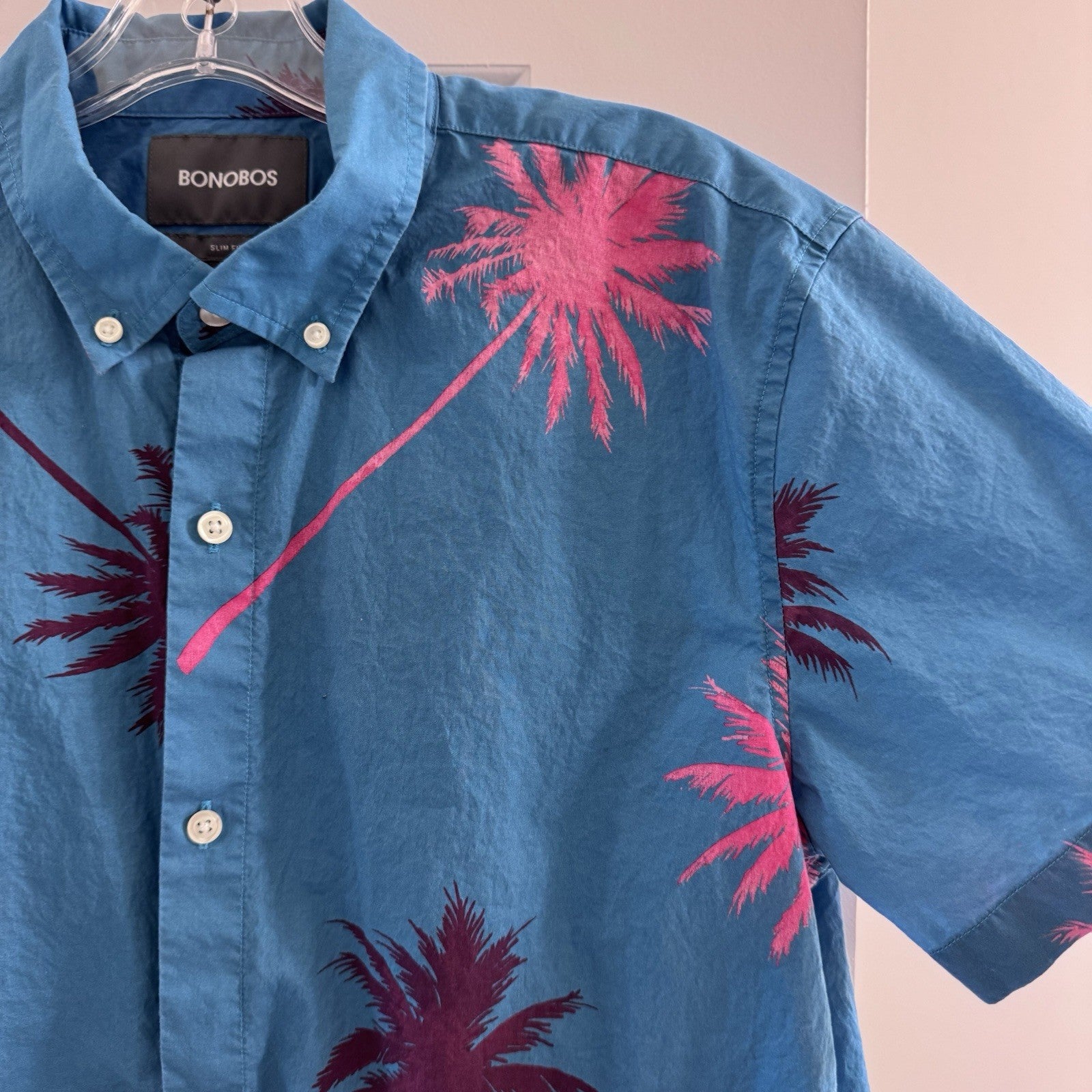 Bonobos Slim Fit Short Sleeve Shirt M Blue Pink Palm Tree Print 100% Cotton