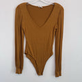 Peach Love Club Bodysuit Womens S Brown Boho Puff Sleeve V Neck
